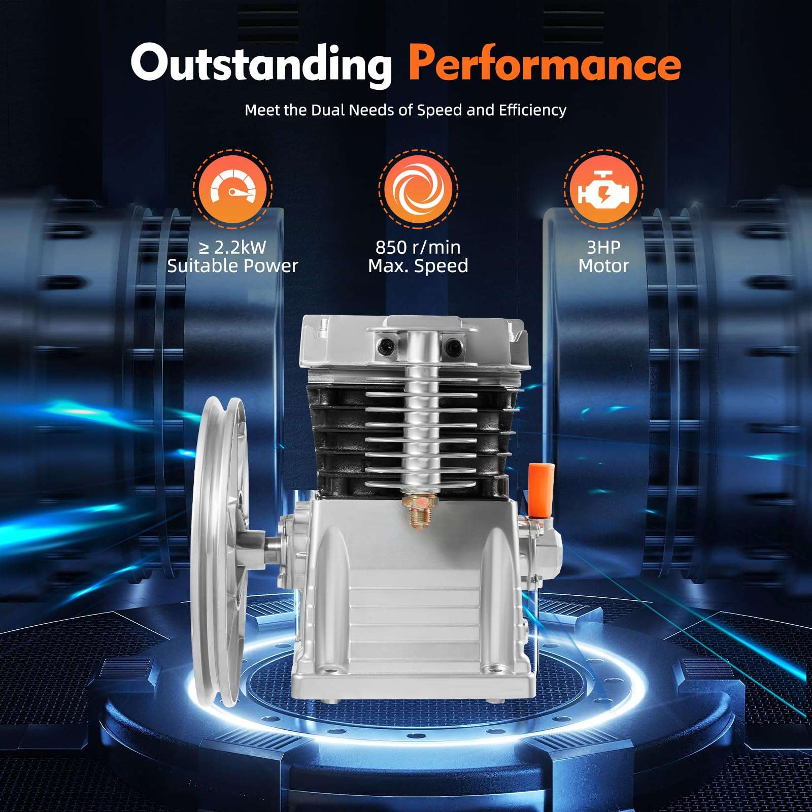 3HP Air Compressor Pump, Oil Lubricated Air Compressor Piston Pump Head Twin Cylinder Aluminum Air Compressor Head With Silencer and Screw, Breathing Nozzle 250L/min (2065-2.2KW-3HP) 3