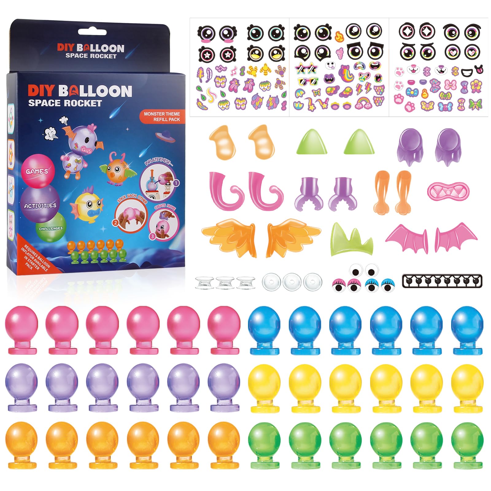 nicknack 170pcs DIY Balloons Accessories Kit for Kids,DIY Sticky Balloon Maker Toy Craft Kits for Kids,36pcs Magic Bouncy Balloon Refill Kit with Stickers Accessories,Toy Gift for Boys Girls Ages 3-12