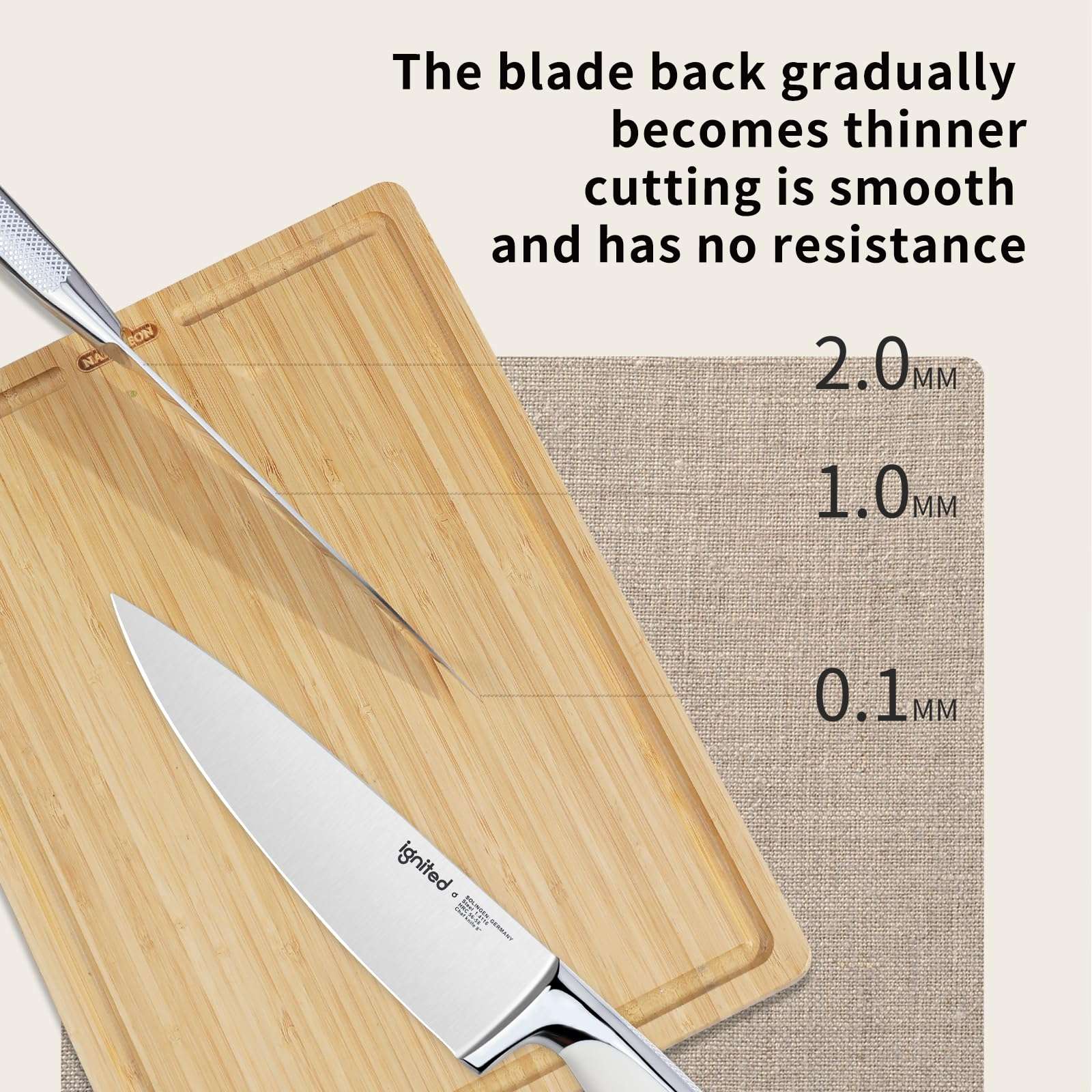 IGNITED CUTLERY 8 inch Mirror Polished Chef Knife, German 1.4116 High Carbon Stainless Steel Chefs Knife with White ABS & Stainless Steel Handle, Razor Sharp Kitchen Knife for Home & Restaurant 3