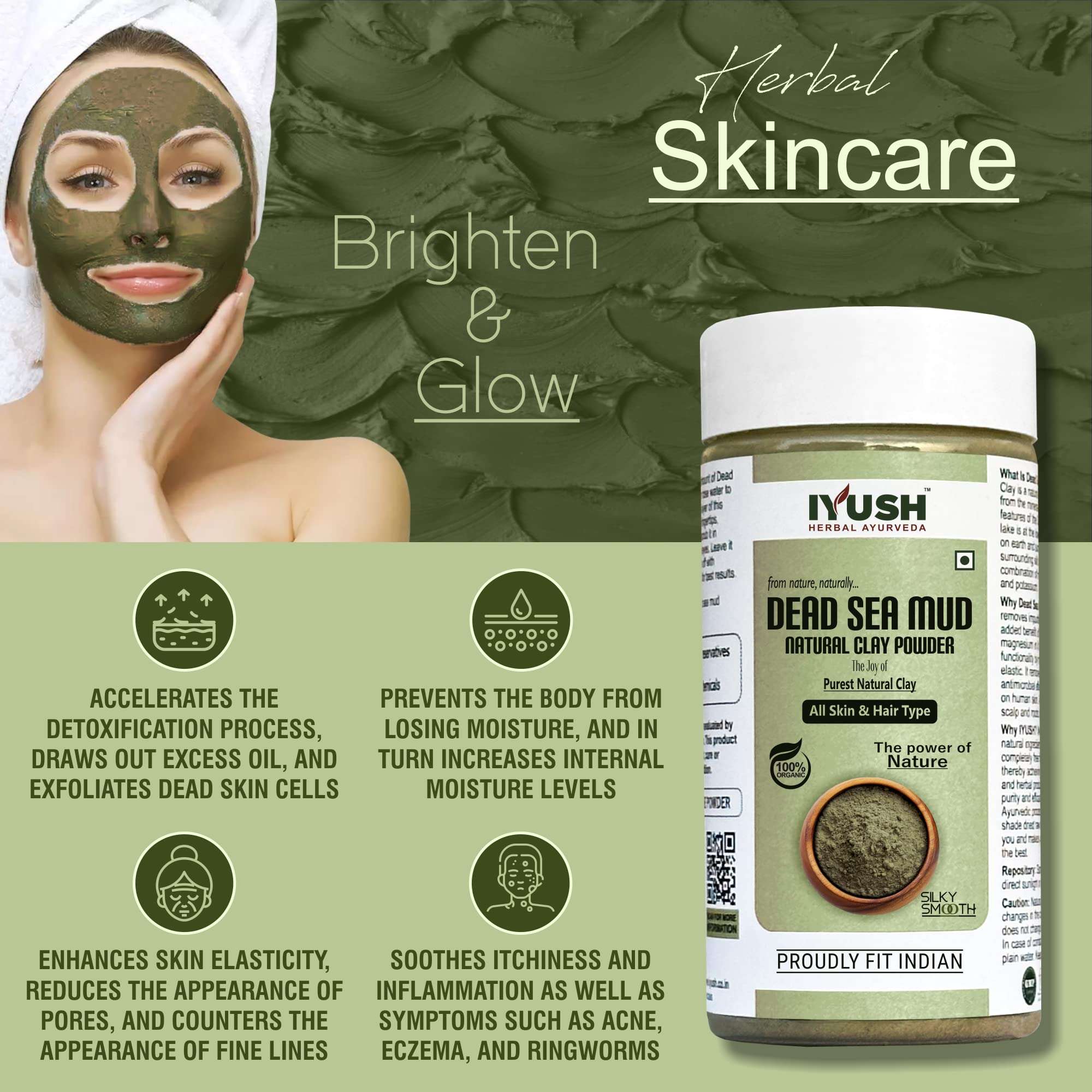 IYUSH Herbal Ayurveda Dead Sea Mud Powder – 800gm | Dead Sea Mud Mask Powder | Mud Pack for Face | Clay for Masks | Clay Powder for Face | De Tan Pack to Open Pores | Clay Mask Powder | 400gm each 4