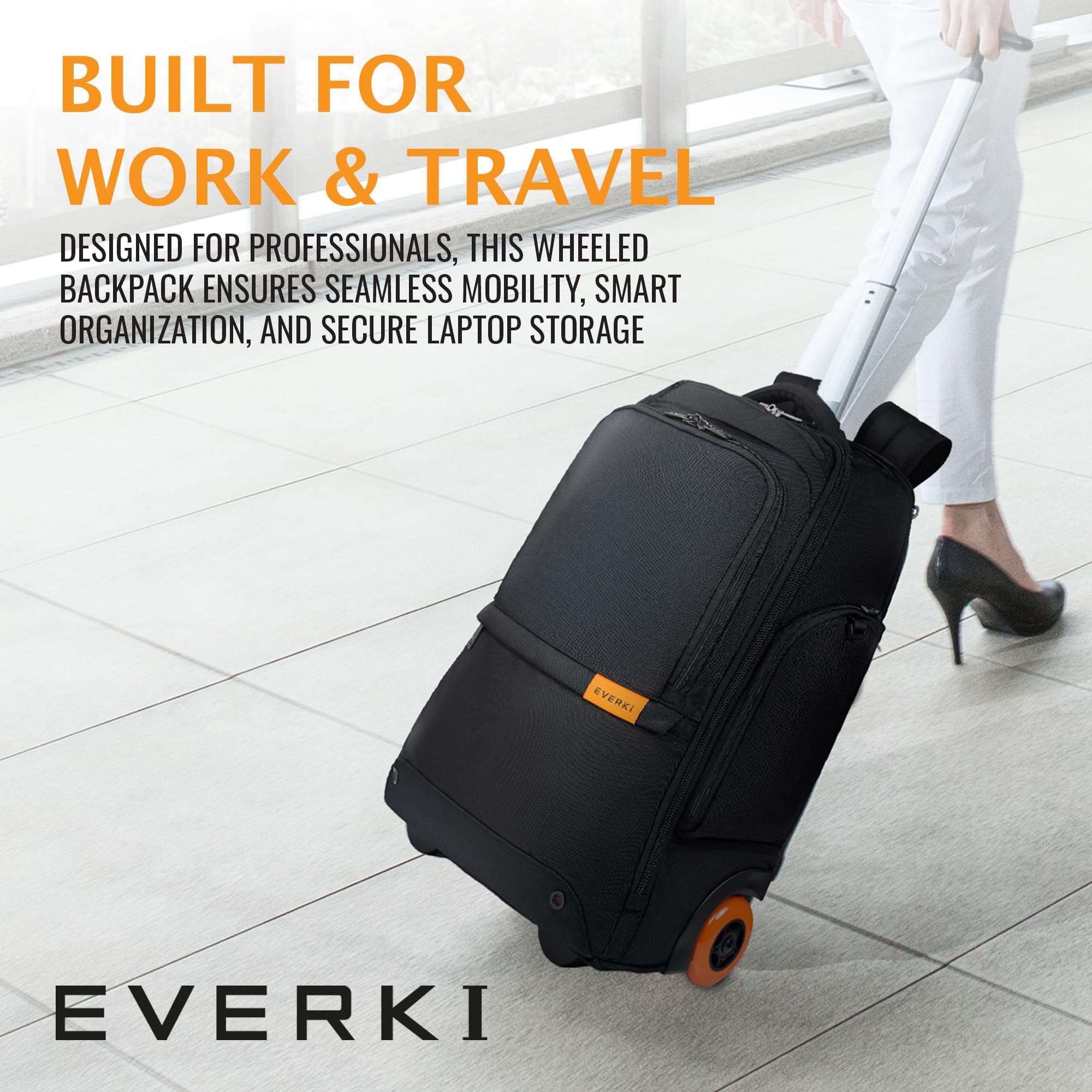 EVERKI 123 Wheeled Laptop Backpack - For 15.6” Laptop & 16” MacBook, Rolling Back Pack for Men & Women, Carry On Travel Backpack with Replaceable Wheels, Rolling Work Bag for Business Professional 3