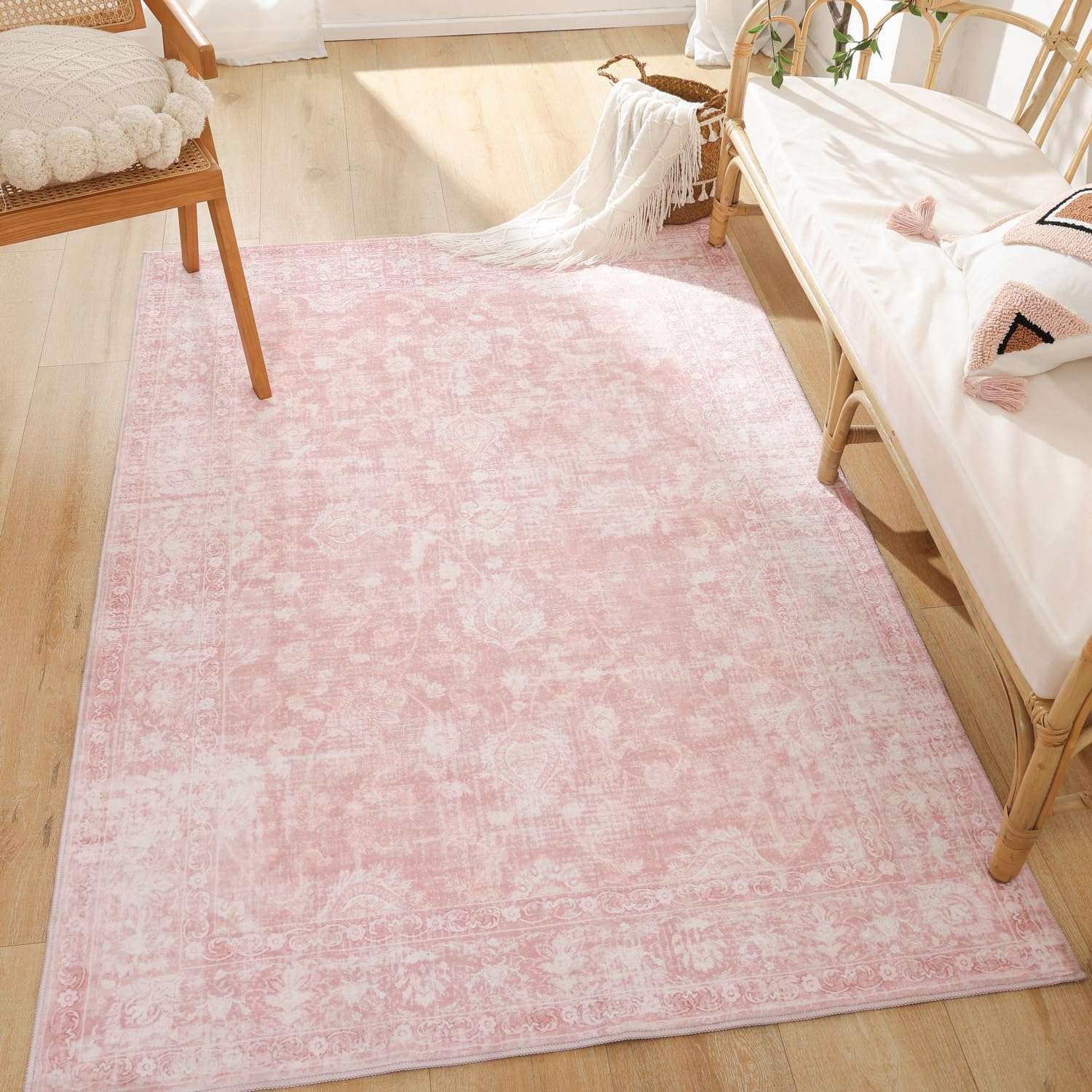 FROZZUR Boho Pink Area Rug 3x5 Washable Vintage Rug for Bedroom Kitchen Dining Room, Non Slip Distressed Entryway Rugs for Home Office Decor Pink 2