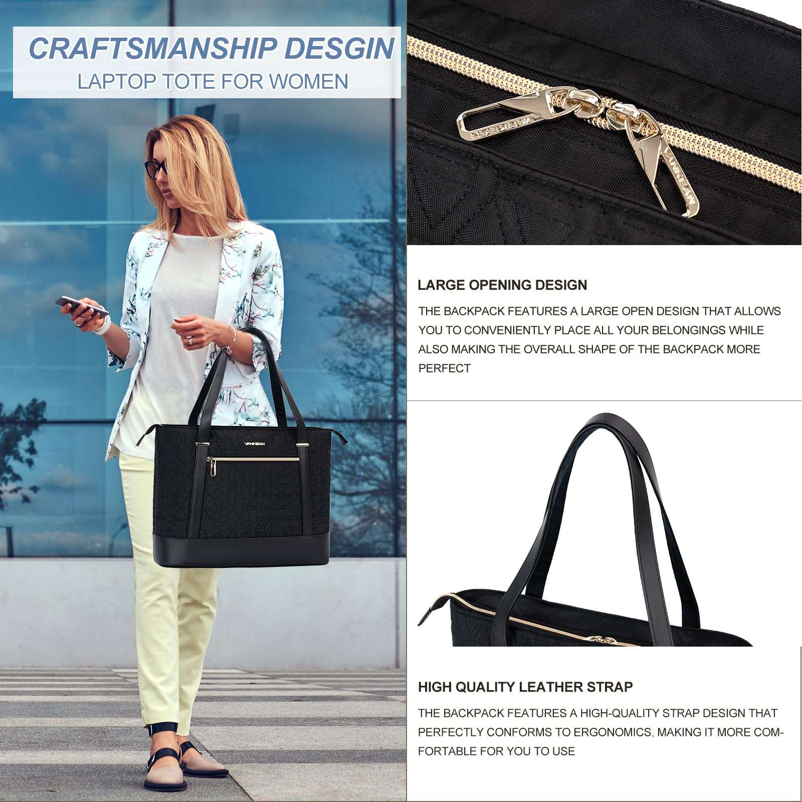 VANKEAN Laptop Bag for Women, 15.6 Inch Work Bag Waterproof Computer Shoulder Bag with USB Port, Large Tote Bag for Work Business Travel, Quilted Black 6