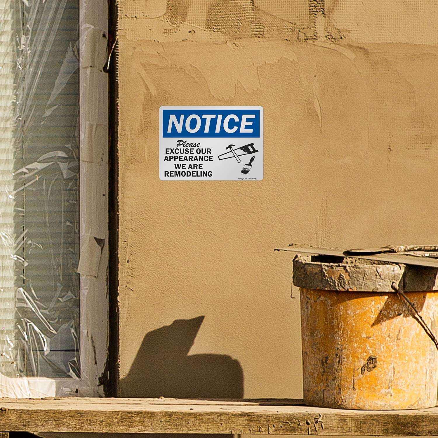 SmartSign 5 x 7 inch “Notice - Please Excuse Our Appearance, We are Remodeling” OSHA Label, 3 mil Laminated Adhesive Polyester, Blue, Black and White 4