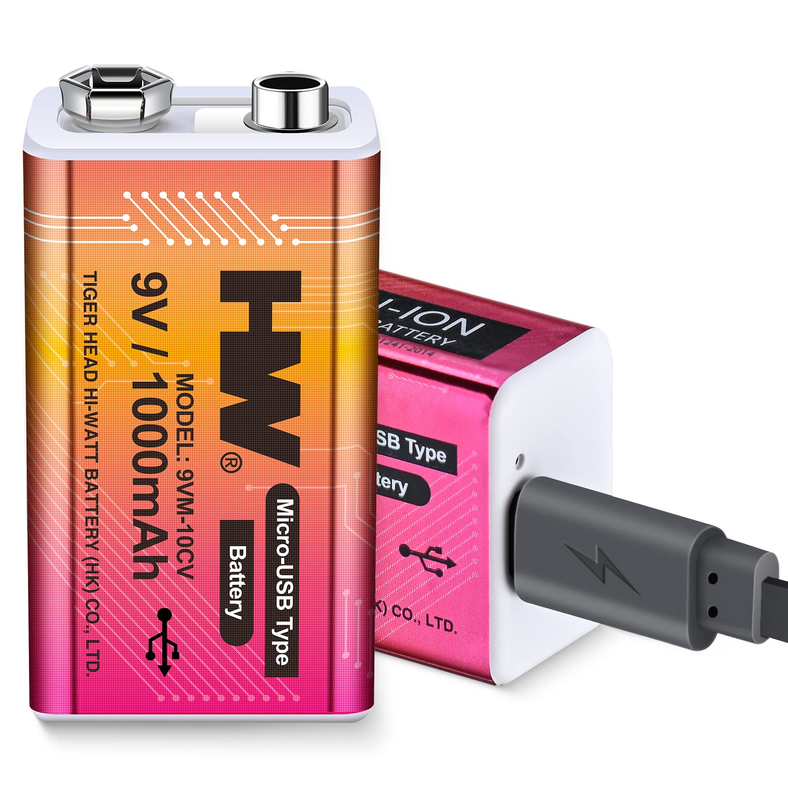 HW 9V Li-ion Rechargeable Battery, 9 Volt/1000mAh(9000mWh) Long Lasting Rechargeable Batteries with Micro-USB, 1000 Cycles Charge, 1.5 Hrs Fast Charging, LED Indicator, 2 Packs