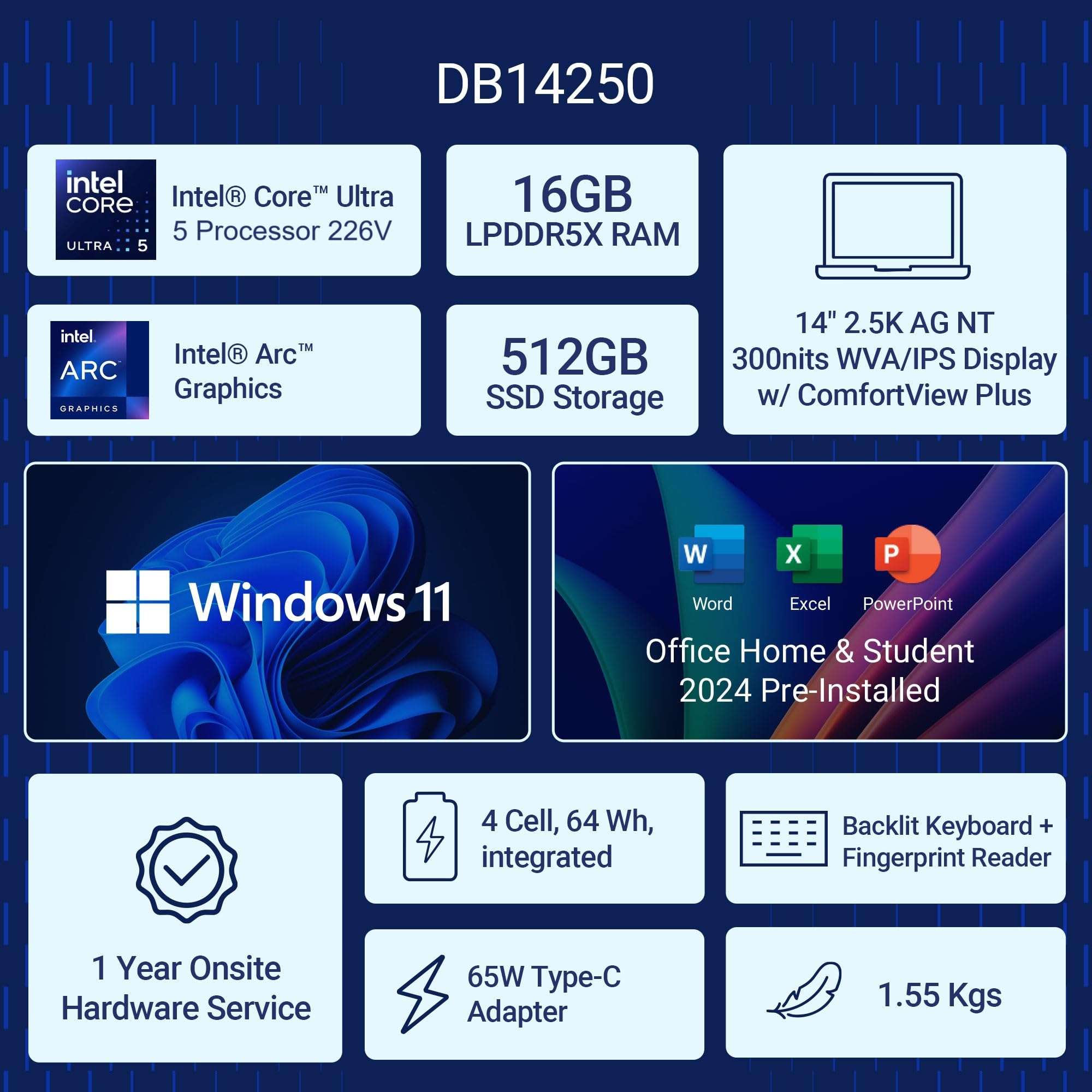 Dell DB14250 14" (35.56 cm) AI Laptop Intel Core Ultra 5 226V Processor, 16GB RAM, 512GB SSD, ARC Graphics, 2.5K Display, IPS ComfortView Plus, 300nits. Backlit KB, FPR, Win 11, Thin & Light, Ice Blue 3