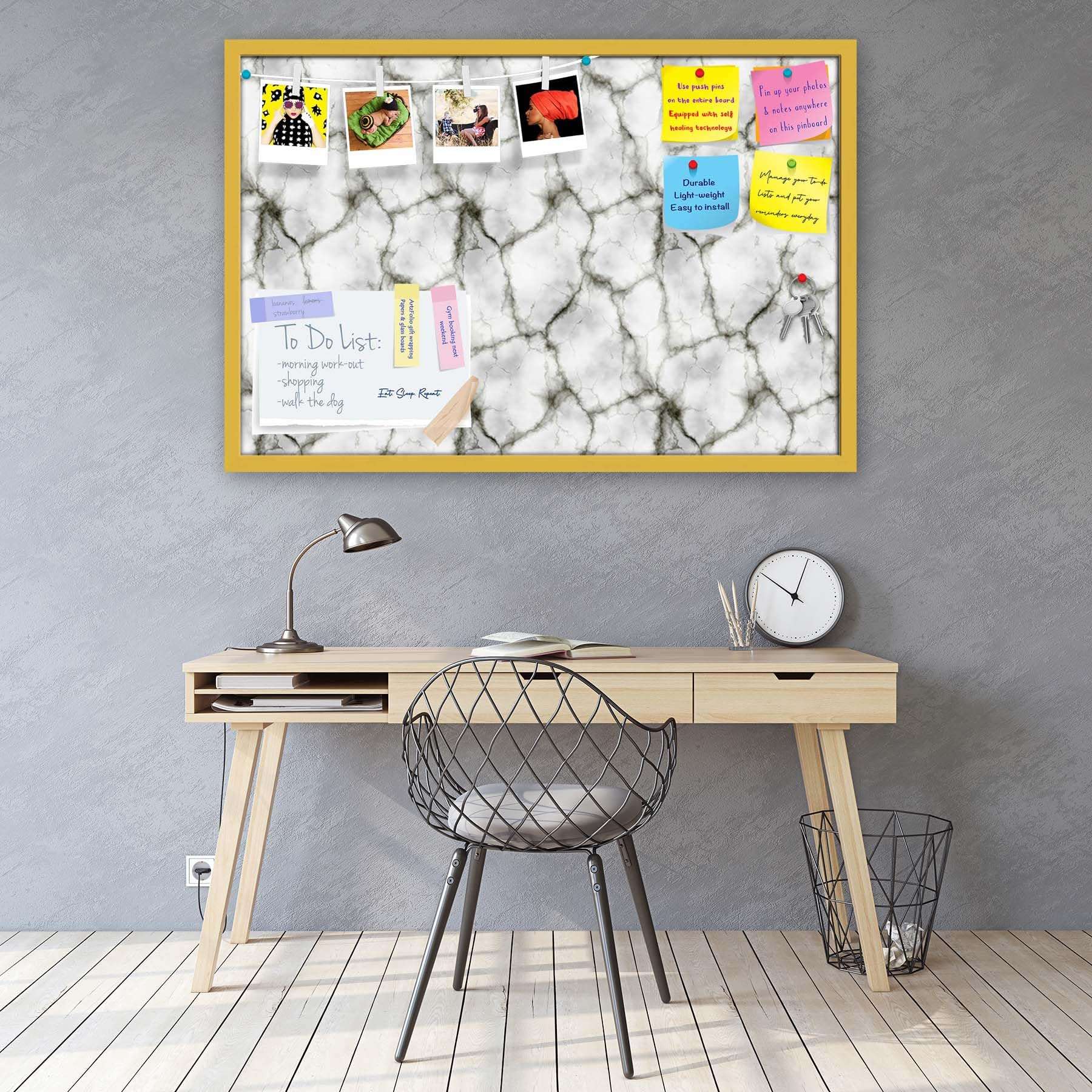 ArtzFolio Abstract Marble Art D3 | Bulletin Board Notice Pin Board | Vision Soft Board Combo with Thumb Push Pins & Sticky Notes | Golden Frame | 24 x 16 inch (61 x 41 cms) 2