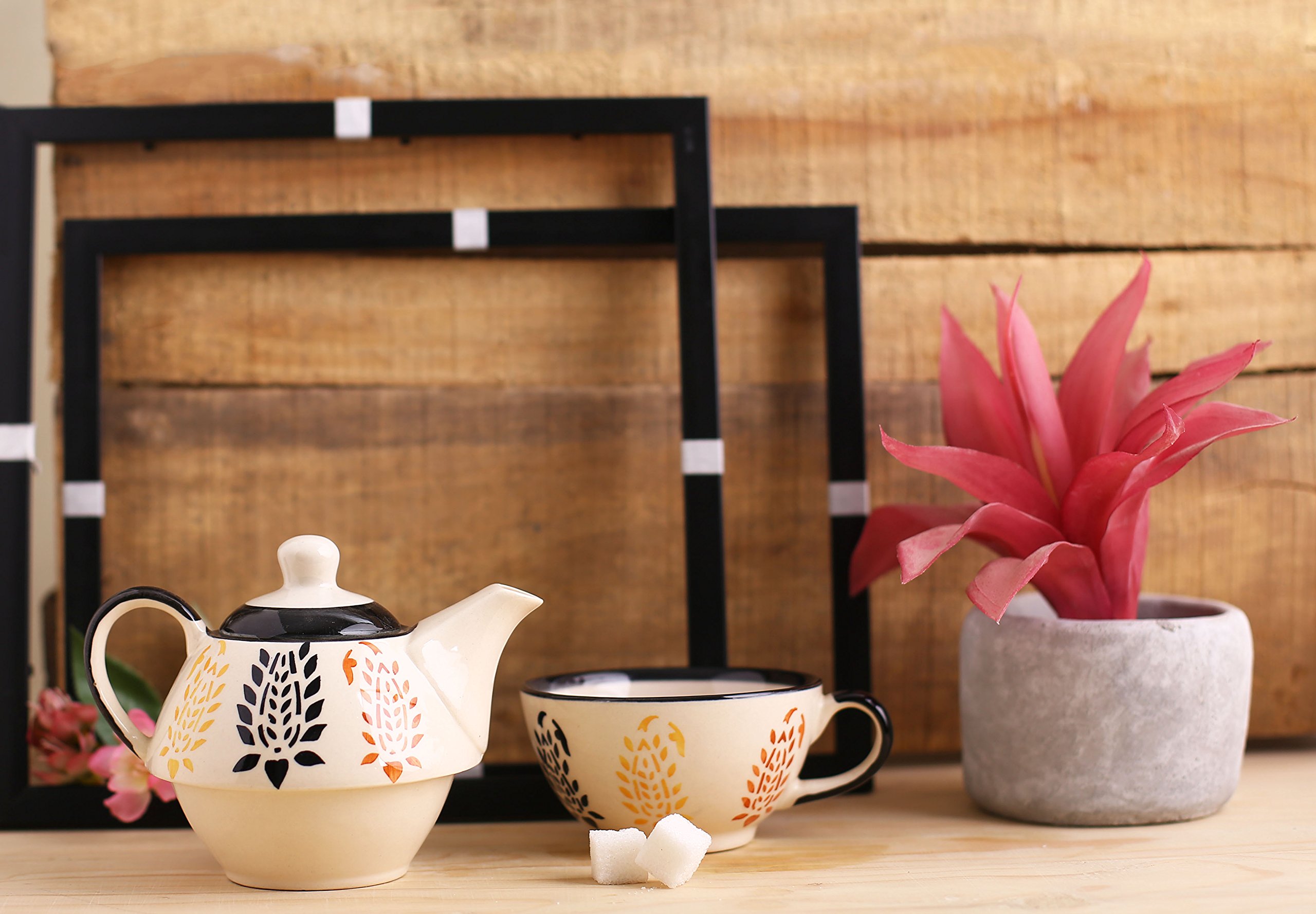 Caffeine Ceramic Handmade Black boota 2 in1 Tea Pot (Set of 2, Single Kettle with Cup)