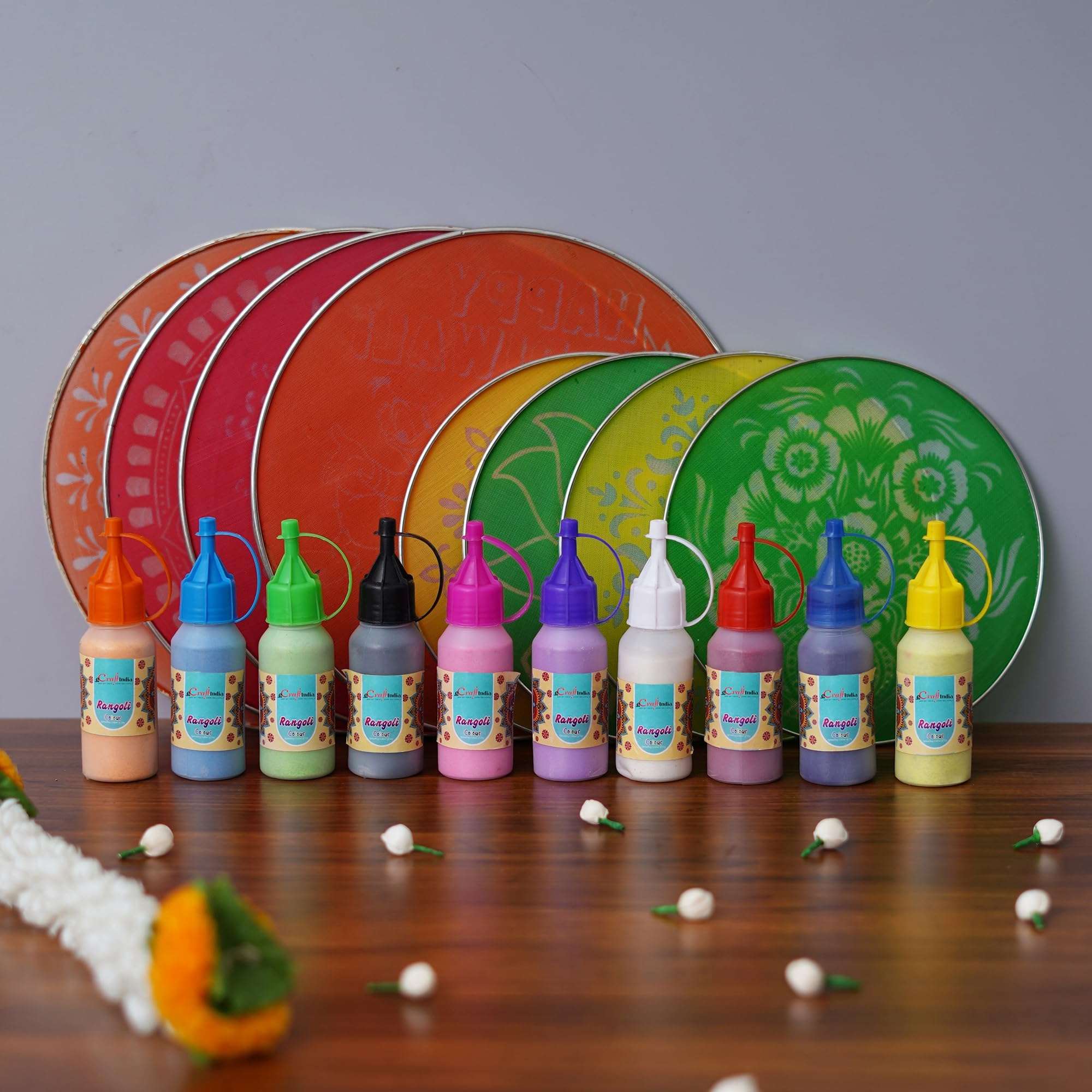 eCraftIndia Set of 8 Designer Diwali Rangoli Stencils Set- Stencils For Rangoli Design-4 Big Size 4 Small Size Stencils|10 Rangoli Colours Bottles-Rangoli Bottles Diwali Decoration Item for Home Decor 1