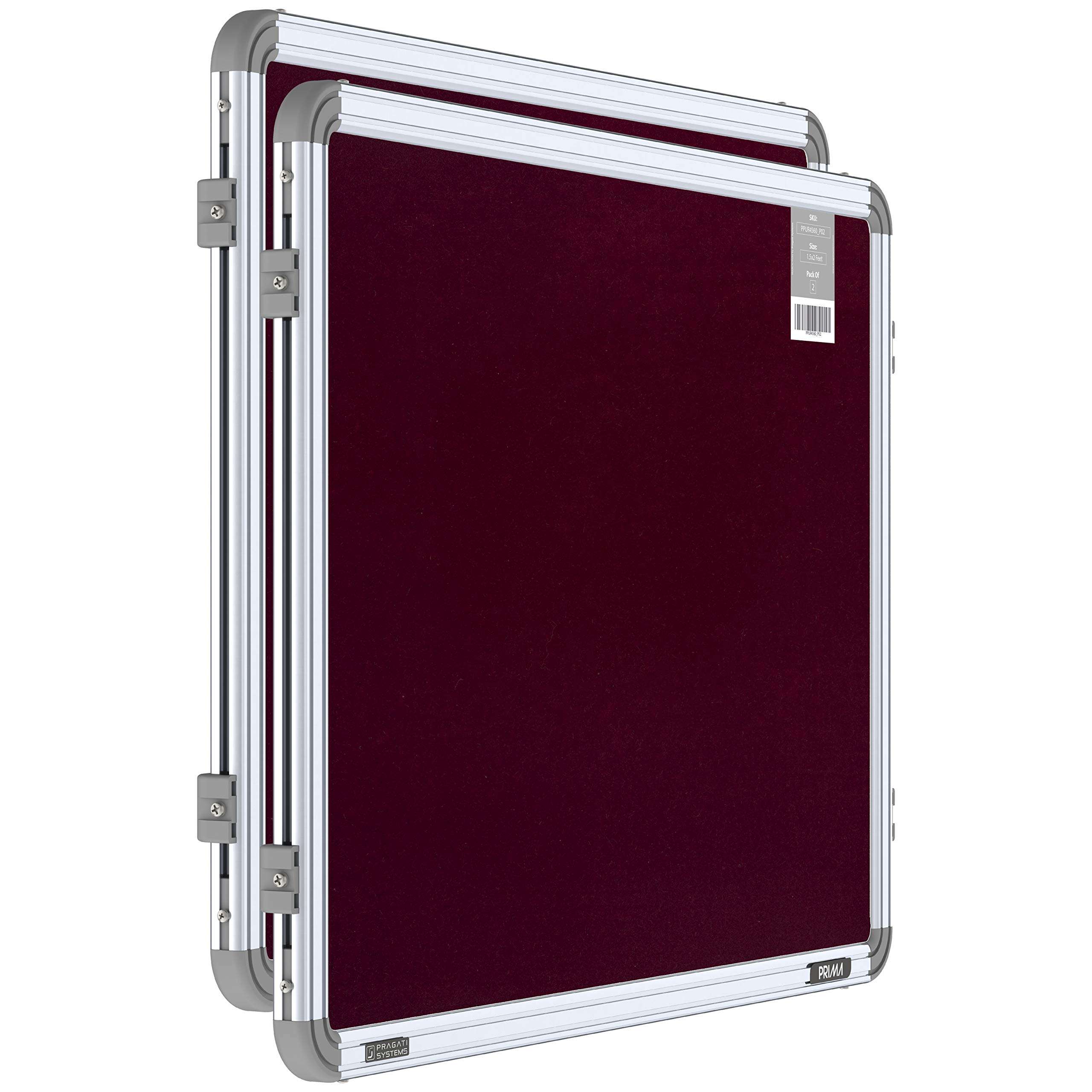 Pragati Systems® Prima Pin-up Display Board for Home, Kids, Office & School (PPUR4560), Heavy-Duty Aluminium Frame, 1.5x2 Feet, Maroon (Pack of 2)