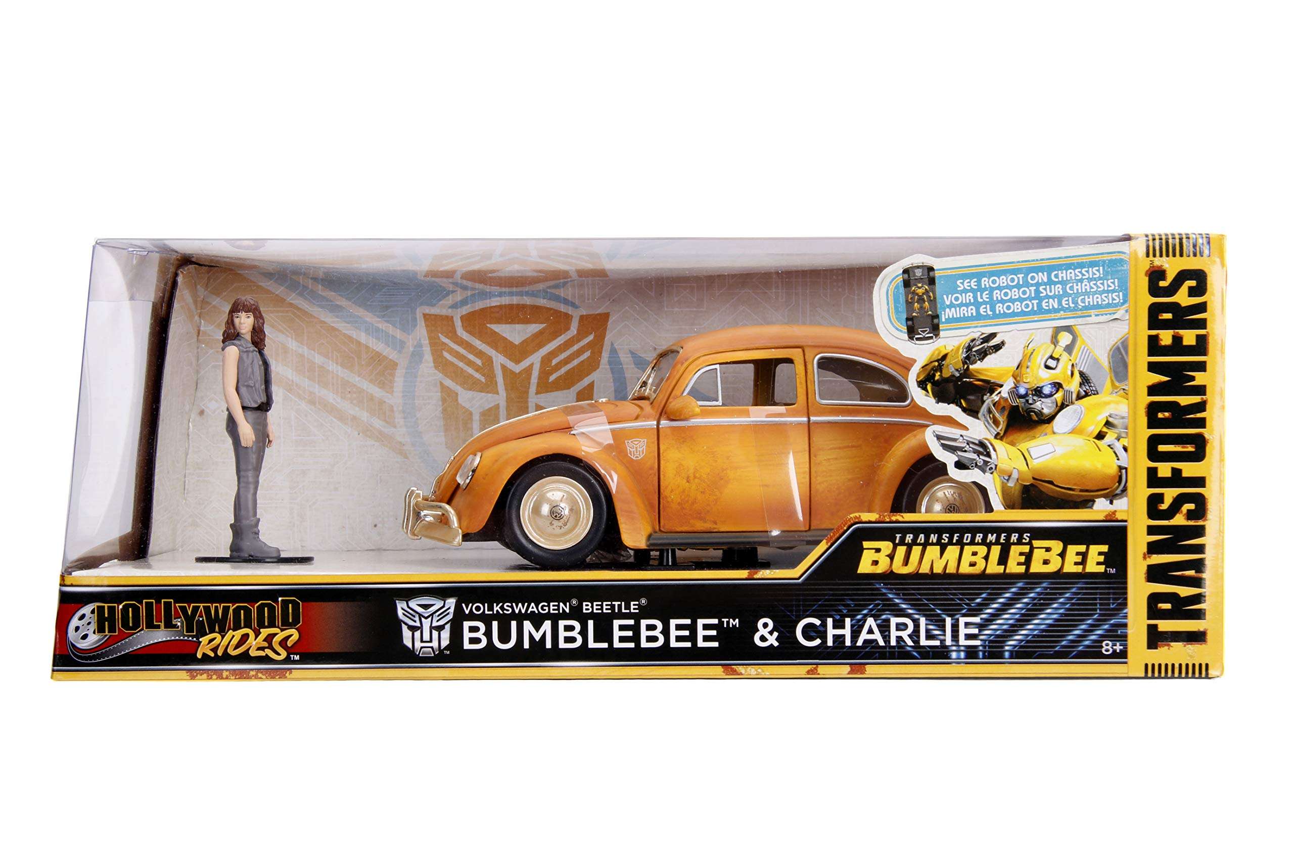 Jada Toys Transformers Bumblebee Volkswagen Beetle Die-cast Car, 1:24 Scale Vehicle & 2.75" Charlie Collectible Metal Figurine, Yellow 6