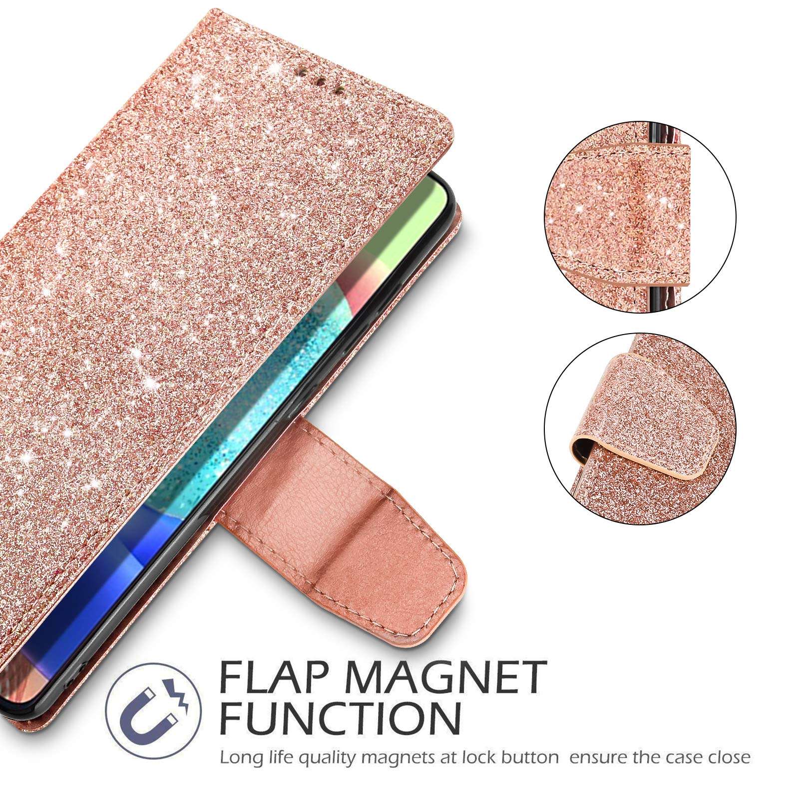 Newseego Compatible with Samsung Galaxy A71 (4G) Leather Case,Glitter Faux PU Leather Magnetic Closure Multi-Credit Card Slot Cash Holder Detachable 2 in 1 Wallet Cover with Wrist Strap-Rose Gold 5