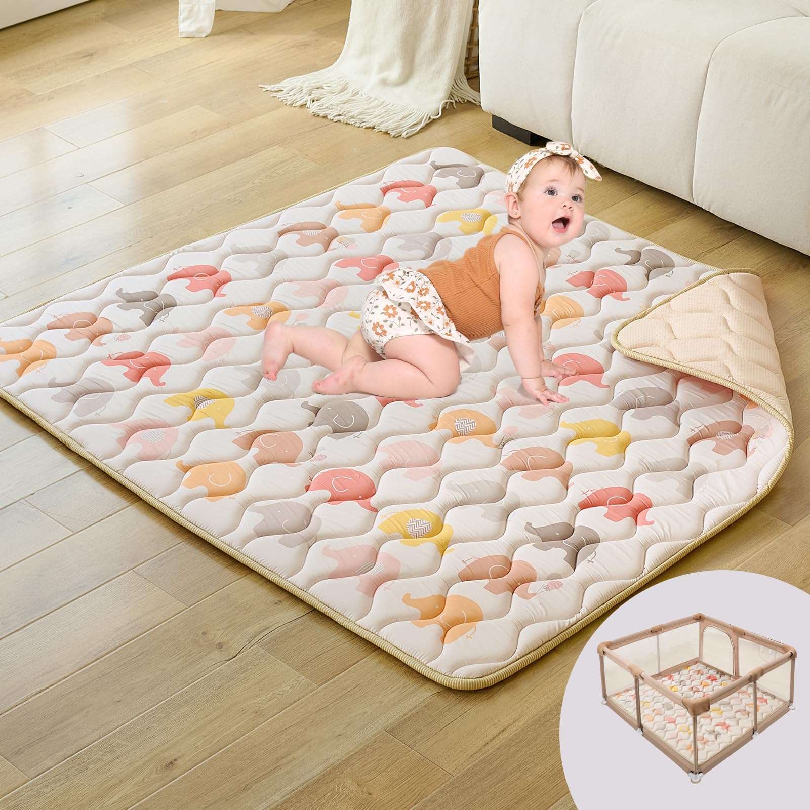 PINNKKU Baby Play Mat, 50x50 Playpen Mat, Thick & Soft Padded Play Mat for Baby and Toddlers, Foldable and Machine Washable Kids Play Mat for Floor Play, Crawling & Tummy Time, Boho Elephant 1