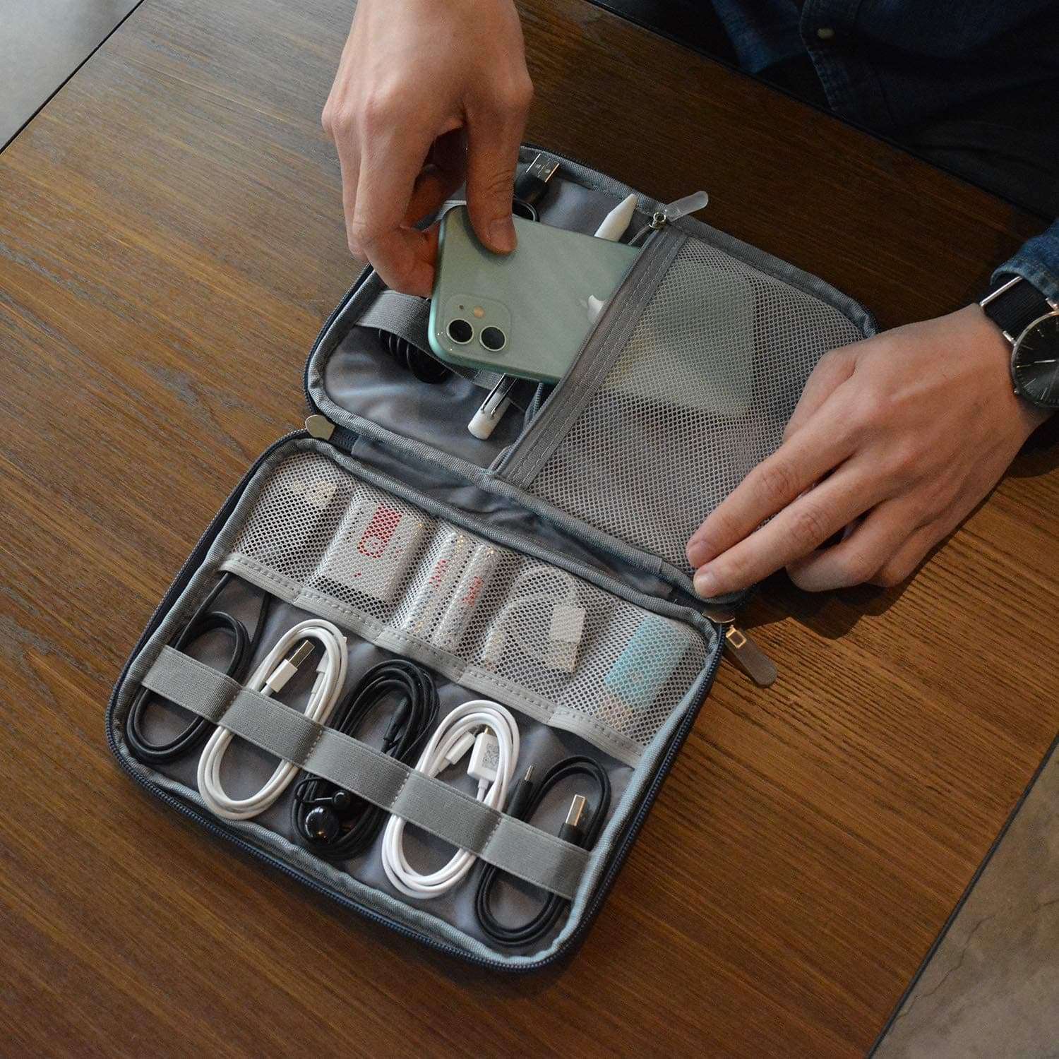 GANAMODA Small Electronic Organizer Travel Cable Bag, Portable Tech Accessories Case for Phone, Cord, Charger, Hard Drives, Gadgets, Navy Blue 6