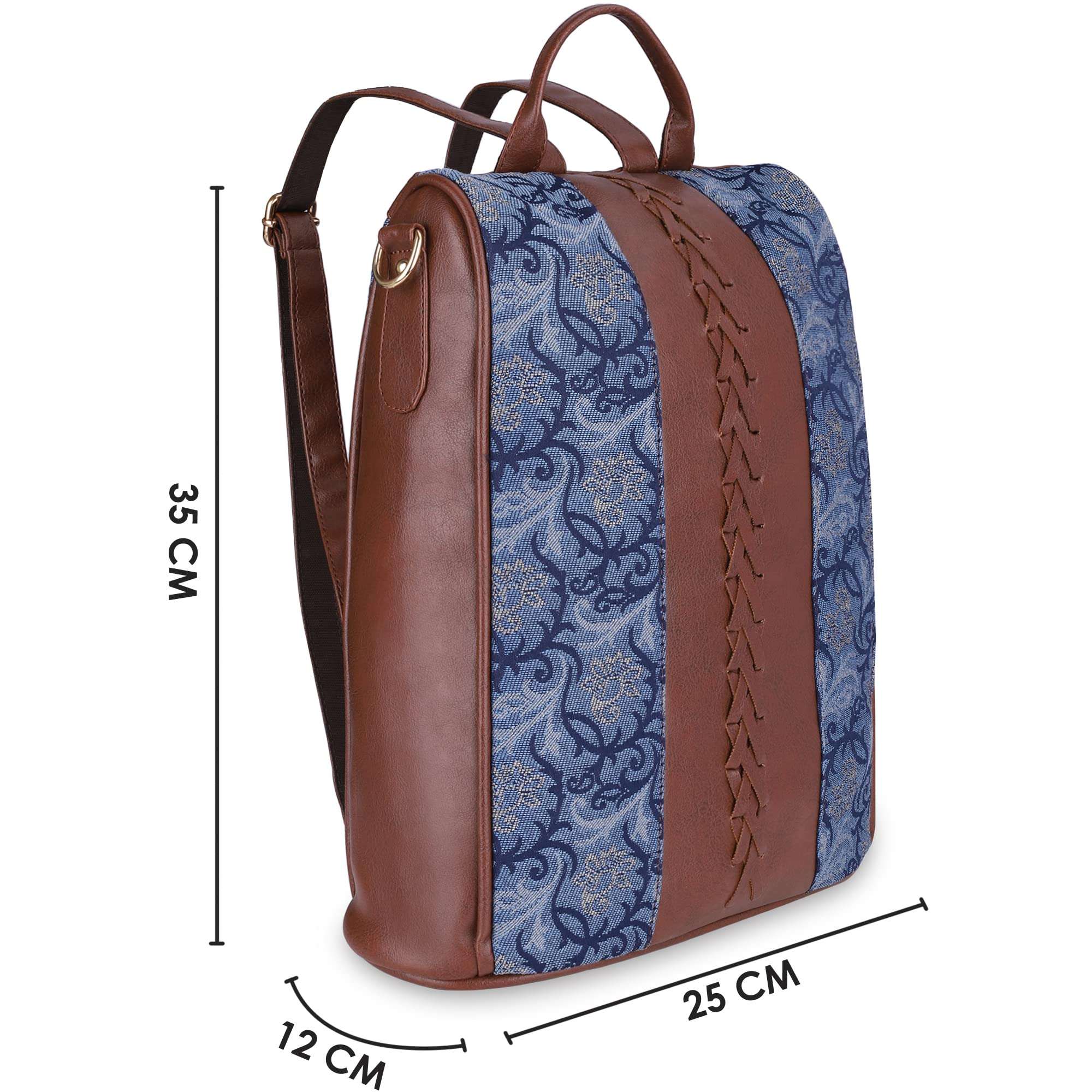 THE CLOWNFISH Akaya Collection Tapestry Fabric & Faux Leather Anti-Theft Back Open Style Womens Standard Backpack Travel Standard Backpack For College Going Girls (Blue-Floral), 10.5 Litre 4