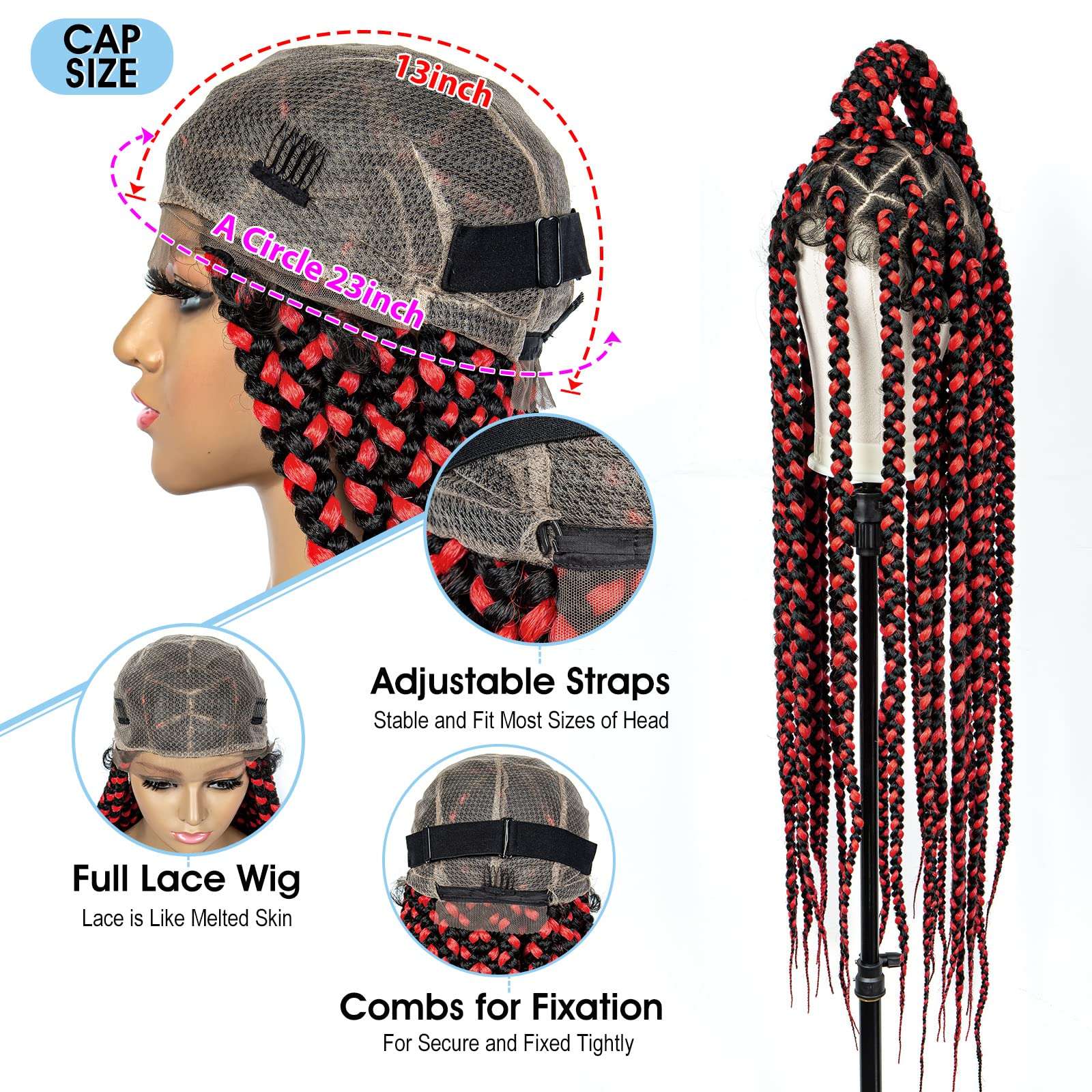 Braided Wigs for Black Women Full Double Lace Braided Wigs Knotless Box Braids Synthetic Lace Front Braided Wigs Cornrow Braids Wigs with Baby Hair Handmade Braided Wigs 32 inches (1B/RED Color) 3
