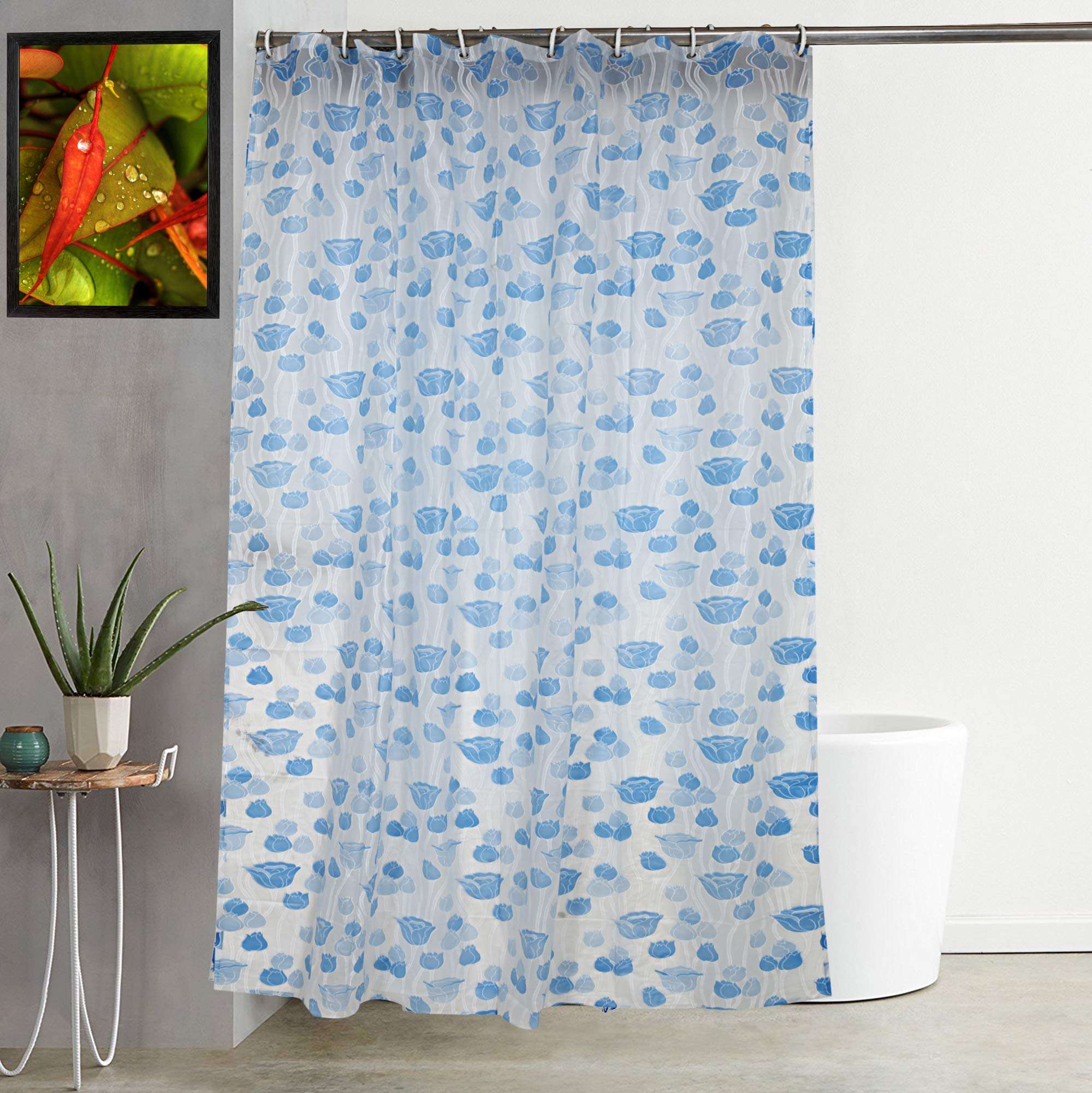 Heart Home PVC 7 Feet Shower Curtain with 8 Hooks (Blue)- CTHH0427