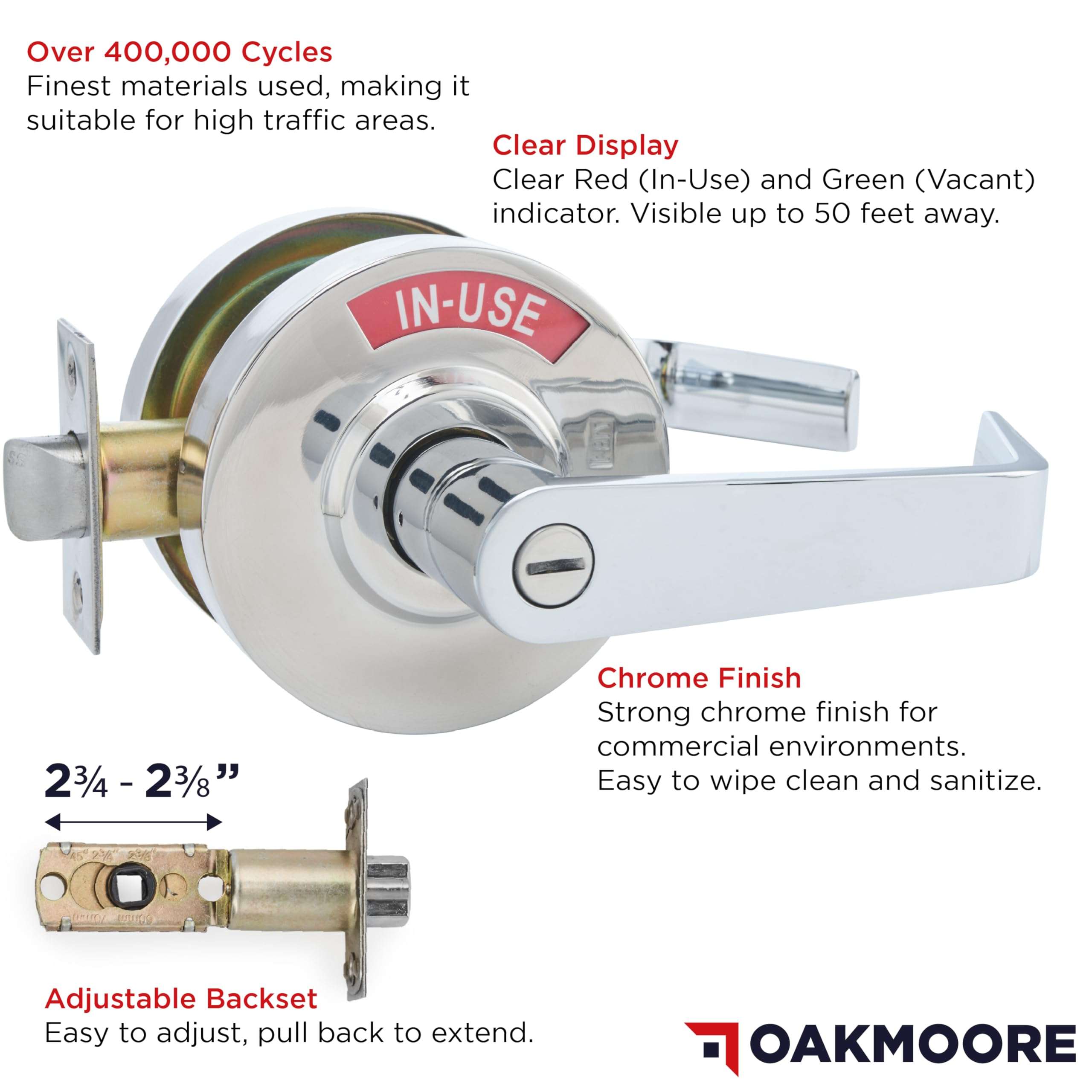 OAKMOORE Commercial Grade Bathroom Door Lock Handle with Occupancy Indicator in Chrome Finish - See Occupied, Vacancy, or Engaged Status on Public Restrooms and Bathroom Locks - 2-Year Warranty 3