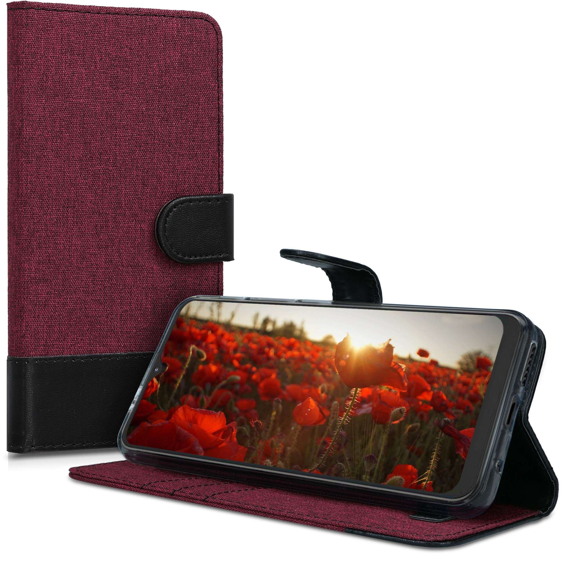 kwmobile Wallet Case Compatible with Motorola Moto G9 Play/Moto E7 Plus - Case Fabric and Faux Leather Phone Flip Cover - Dark Red/Black 5