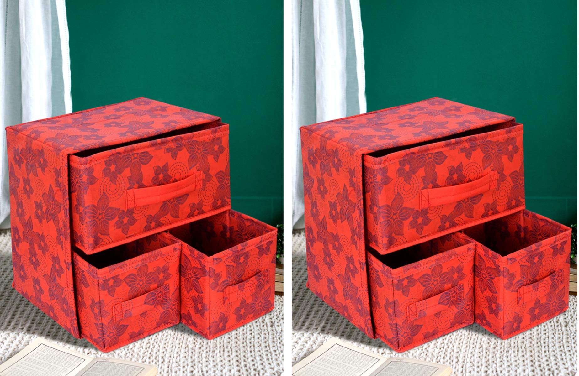 Kuber Industries Metalic Print 2 Layer 3-Drawer Foldable Drawer Units Fabric Cabinet Closet Storage Organizer for Underwear Ties Socks Small Clothes (Set of 2, Red)-KUBMART2138 1