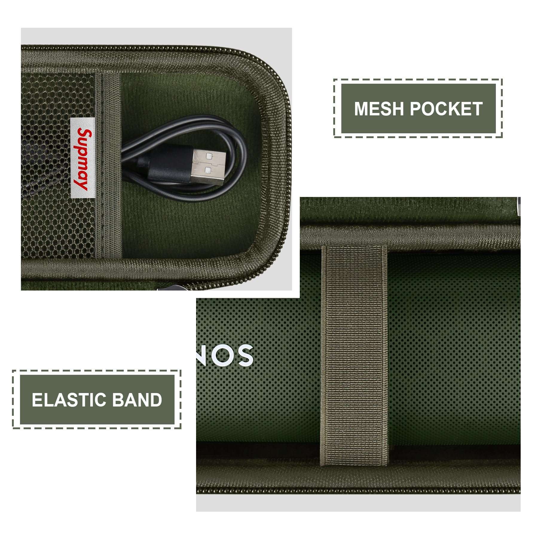 Supmay Hard Carrying Case for Sonos Roam 2/ Sonos Roam Portable Waterproof Bluetooth Speaker, Wireless Portable Speaker Protection Case with Mesh Pocket for USB-C Cable, Green 5