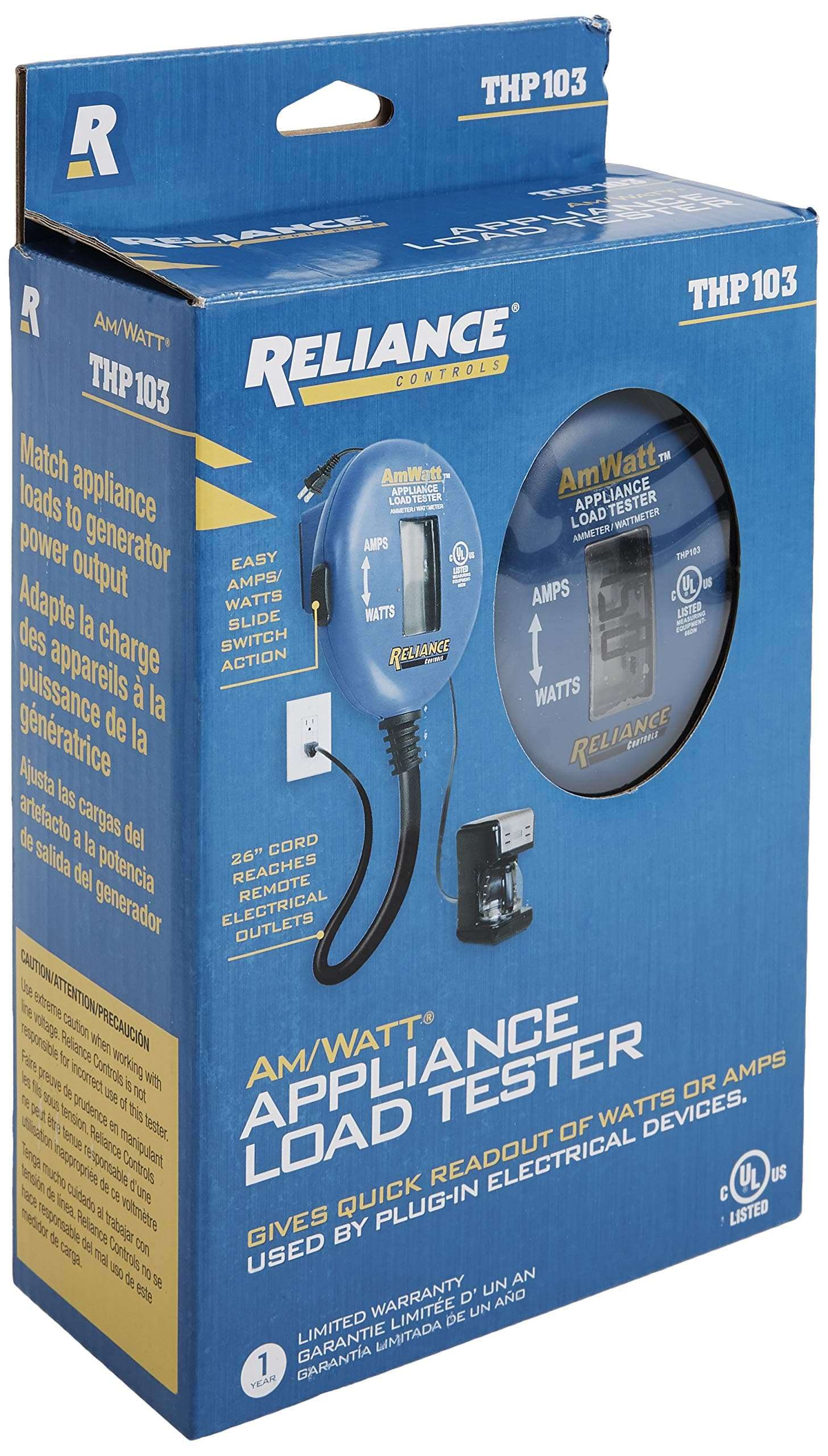 Reliance Controls Ammeter and Wattmeter THP103 AmWatt Appliance Load Tester/Plug, 1-Pack, Blue 4