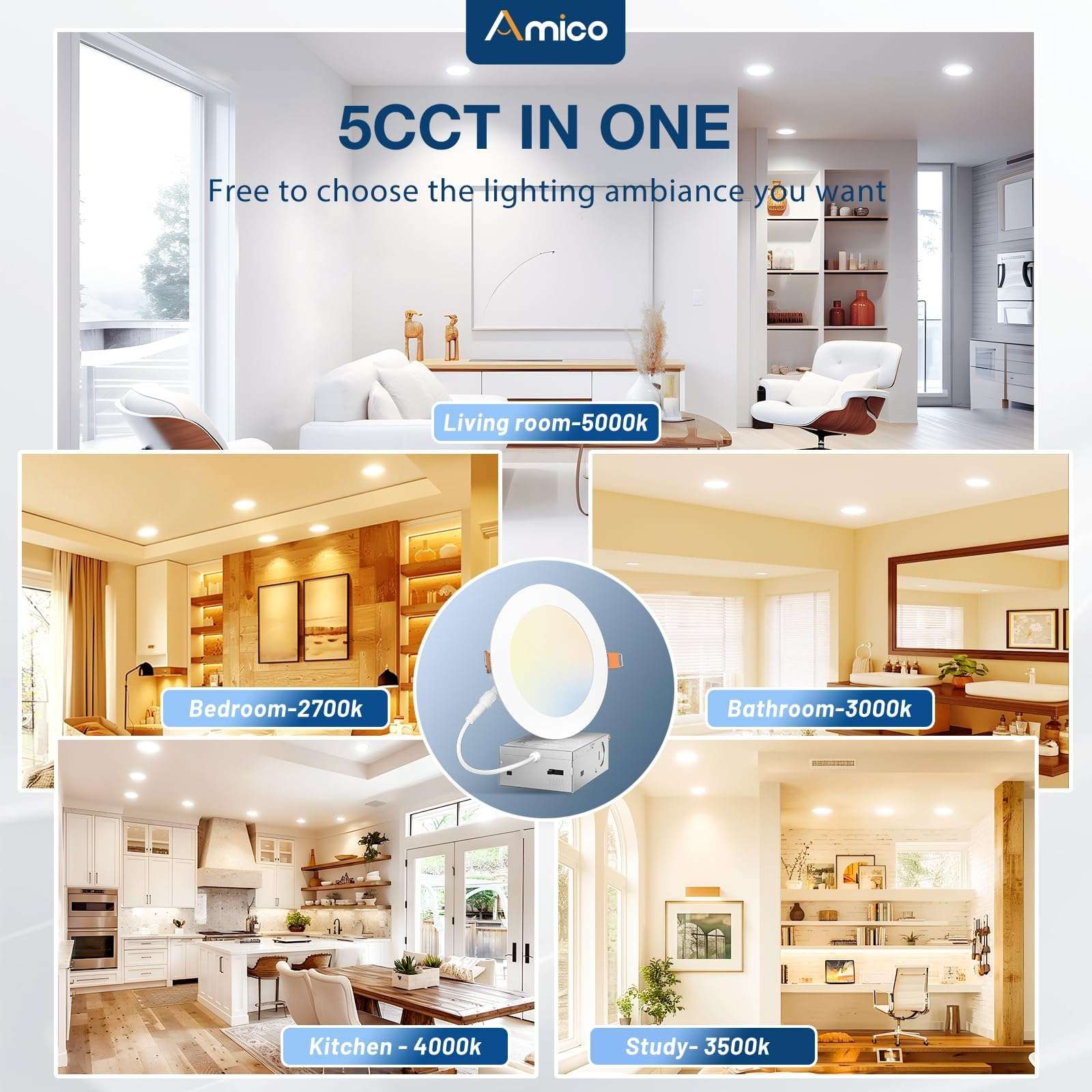 Amico 10 Pack 5 Inch 5CCT Ultra-Thin LED Canless Recessed Ceiling Light with Junction Box, 2700K/3000K/3500K/4000K/5000K Selectable, 11W=75W, 900LM High Brightness, Dimmable Wafer Downlight-ETL&FCC 5