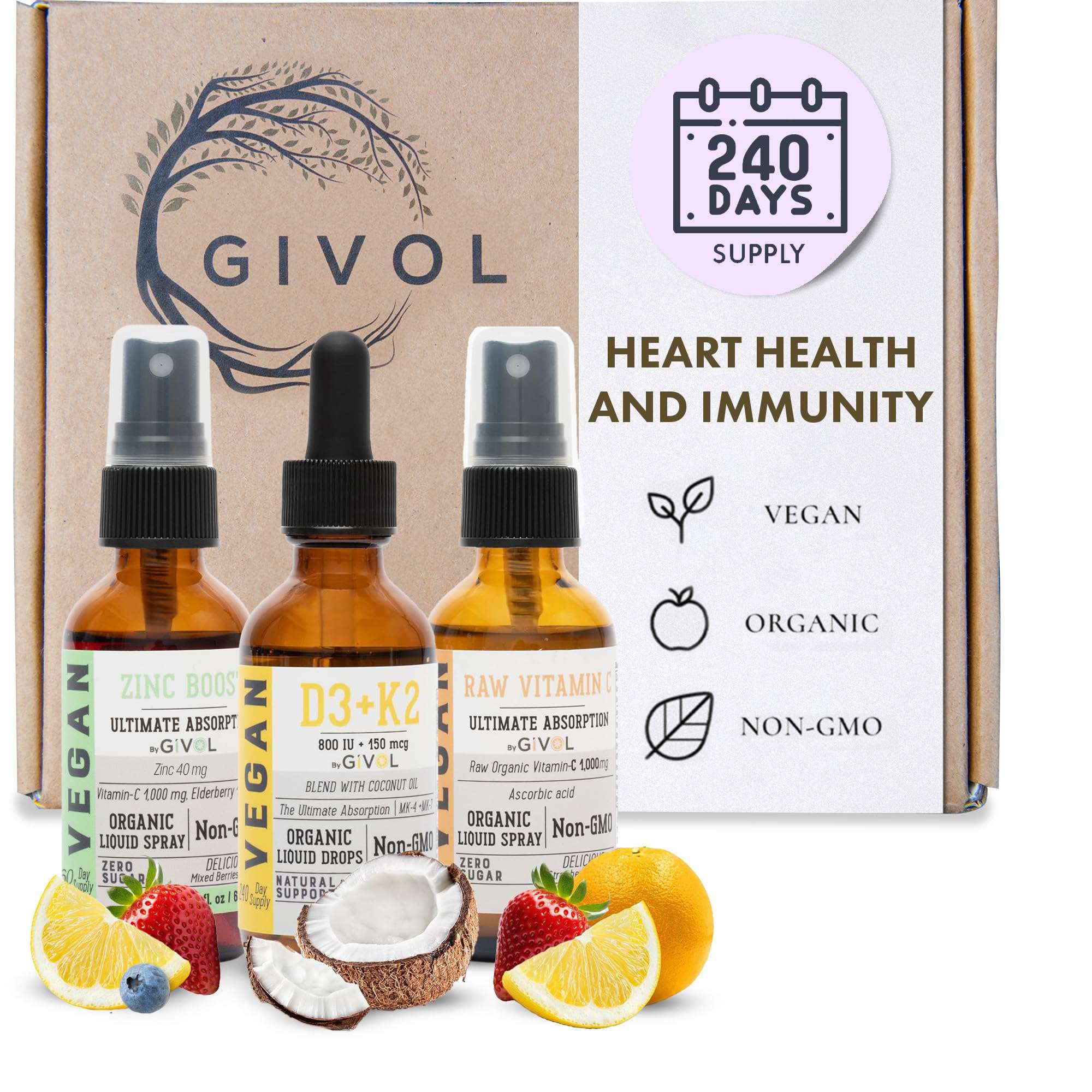 GIVOL Immunity Support Pack - Raw Vitamin C, D3 & K2 Liquid, Zinc Picolinate - Premium Heart Health Vitamins w/Essential Minerals, Antioxidant Properties, & Cardiovascular Benefits - 180 Days Supply 2
