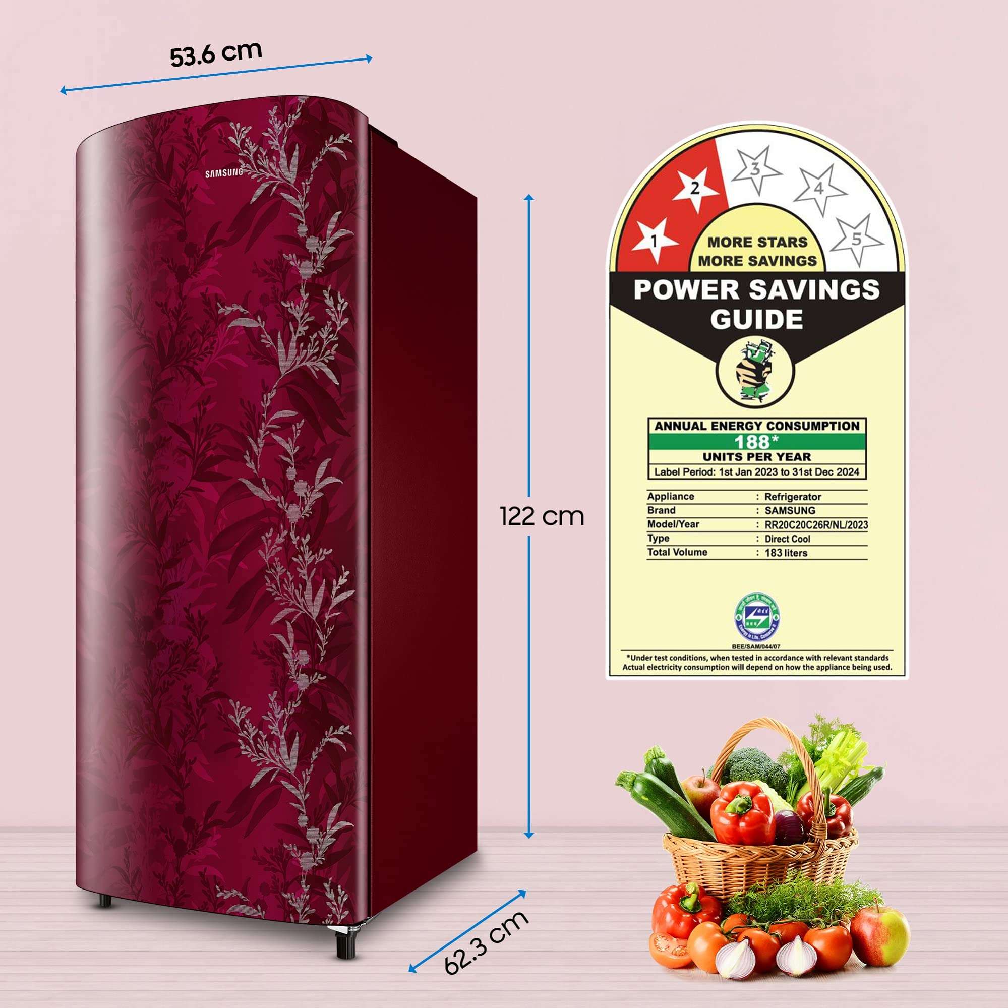 Samsung 183 L 2 Star Digital Inverter Direct Cool Single Door Refrigerator (RR20C20C26R/NL, Mystic Overlay Red 2023 Model) 6