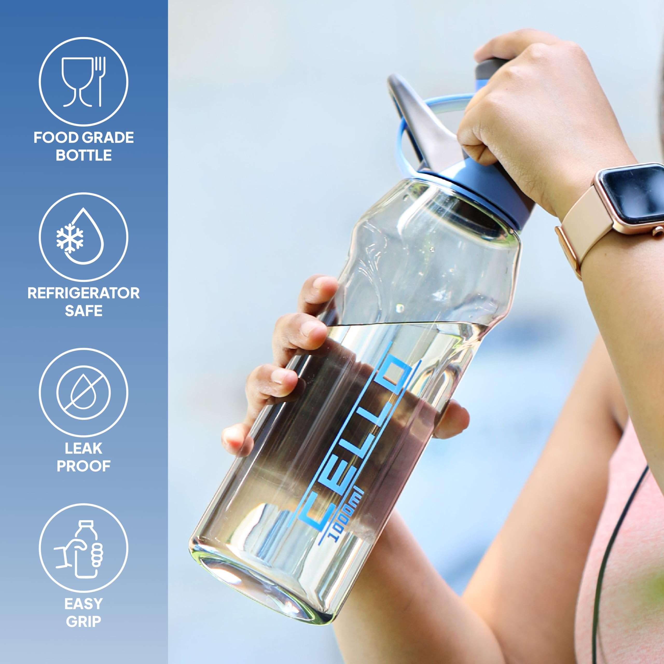 CELLO Fitbe Flip Cap Water Bottle For Daily Use 1000 ml, Black Blue | BPA Free, Reusable & Unbreakable Leakproof Lightweight Easy to Carry with Handle PET Water Bottle For Gym Office Indoor & Outdoor 3