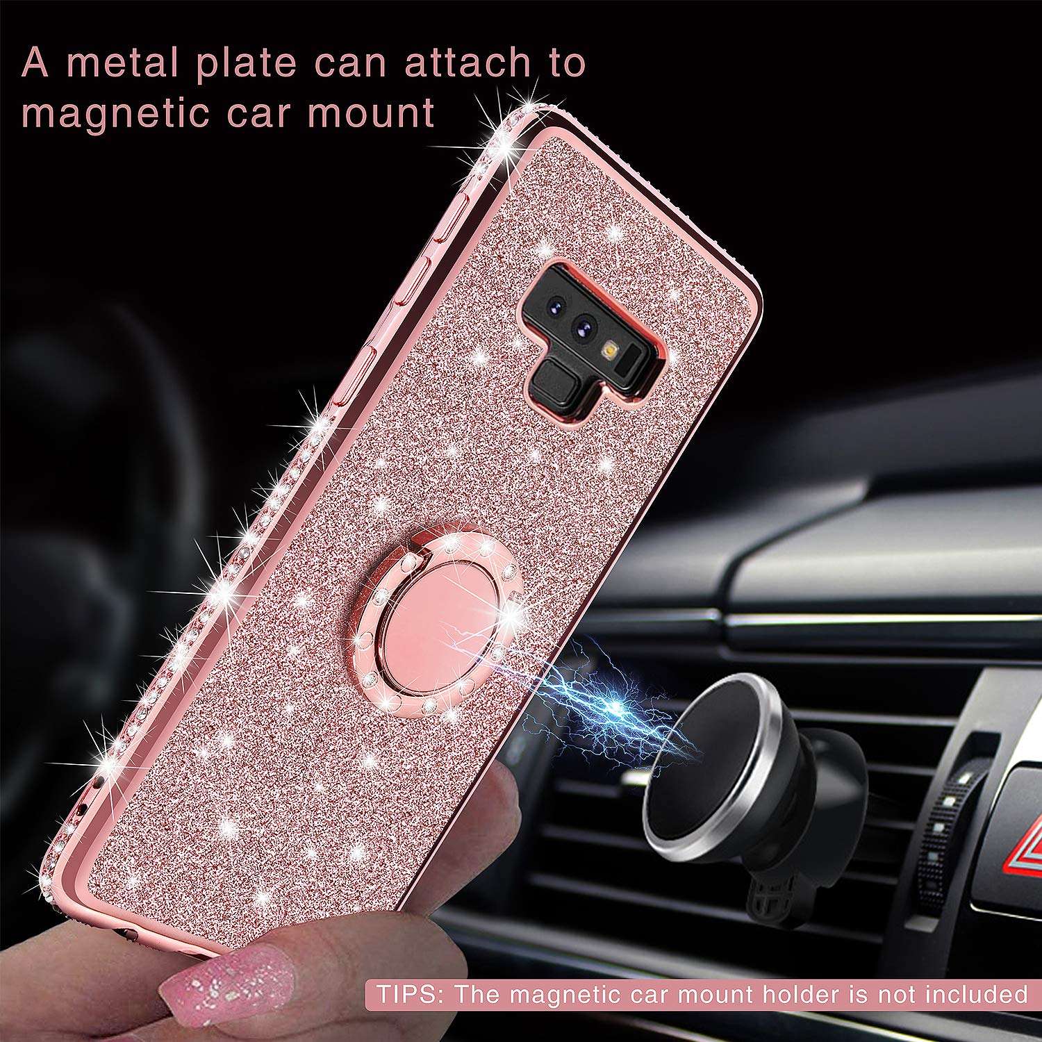 ZUDRITT Samsung Galaxy Note 9 Case, Ultra-Slim Glitter Diamond Bling Shockproof Silicone Soft TPU Cover, with Ring Stand Holder for Samsung Galaxy Note 9 Women Case (Rose Gold) 3