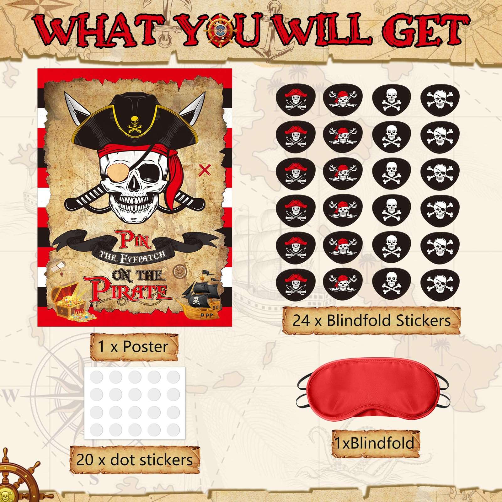 Faccito Pirate Party Games Pin The Eye Patch On The Pirates Birthday Party Decorations Pin The Pirate Include Pirate Poster 24 Sticker and Blindfold for Boys Girls Pirate Party Supplies Decoration 4
