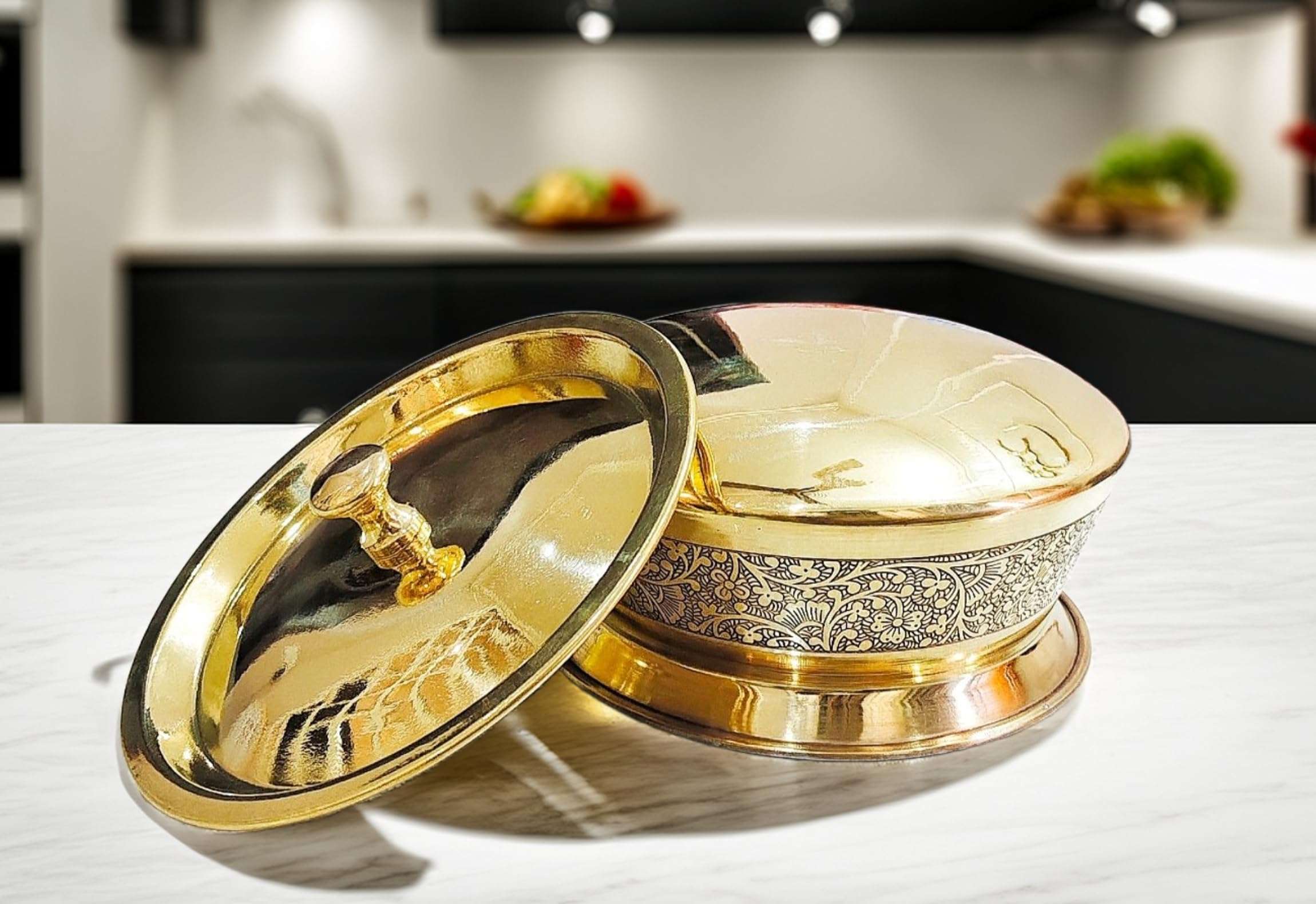 PITAL NAGRI ECRAFT Brass Kitchen Appliances Cooking Serving Pot |Biryani Handi|Urli| Embossed Design Casserole With Lid For Decoration Tableware, Home, Hotel, Restaurant Donga, ( 650 GMS Capacity 1000 Ml ) 6