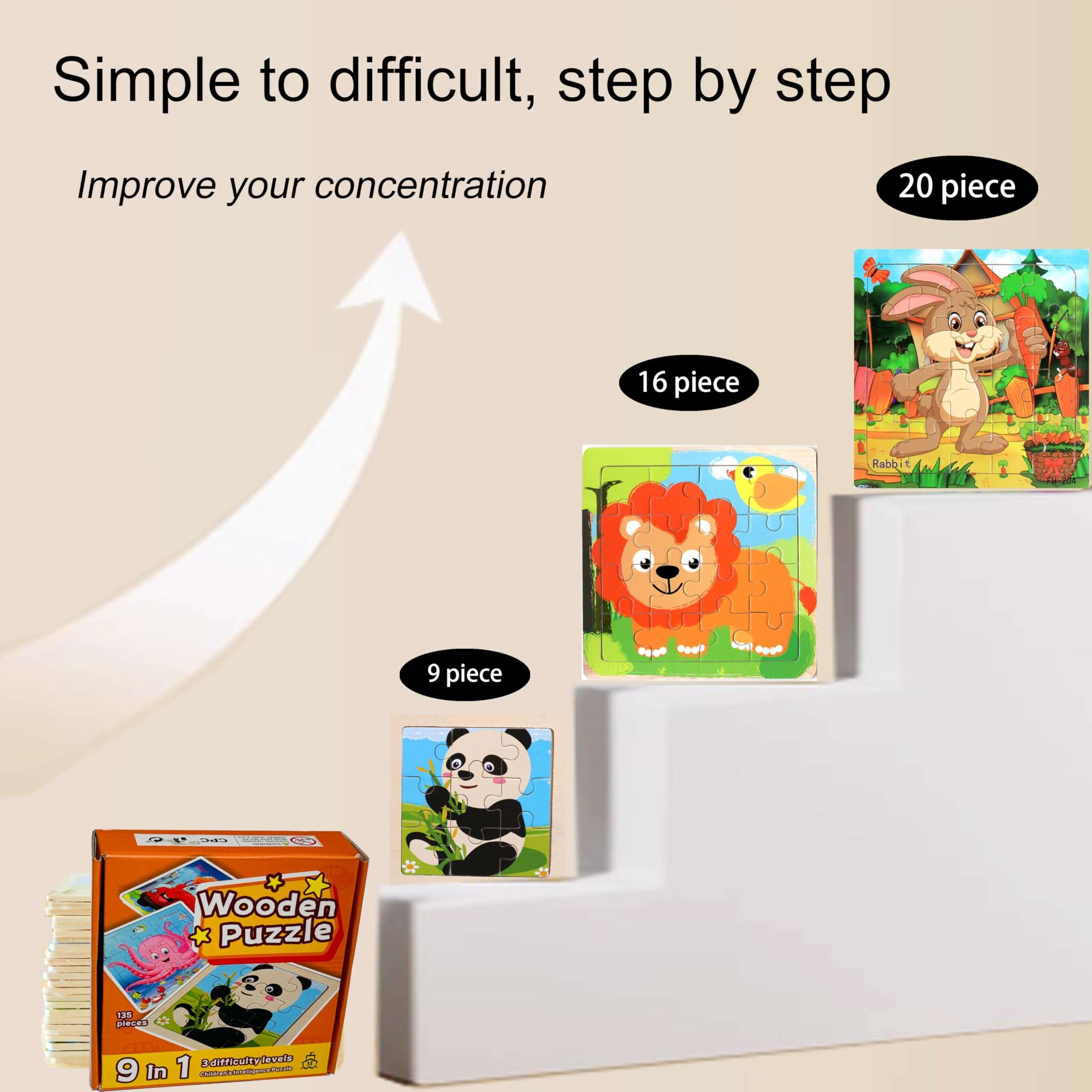 MAISHEKE Wooden Puzzles for Kids Ages 4-8, 9 Packs Total 135 Pcs Animal Theme Jigsaw Puzzles, Preschool Educational Toys Gifts with Self-Sealing Bag for Storage 6