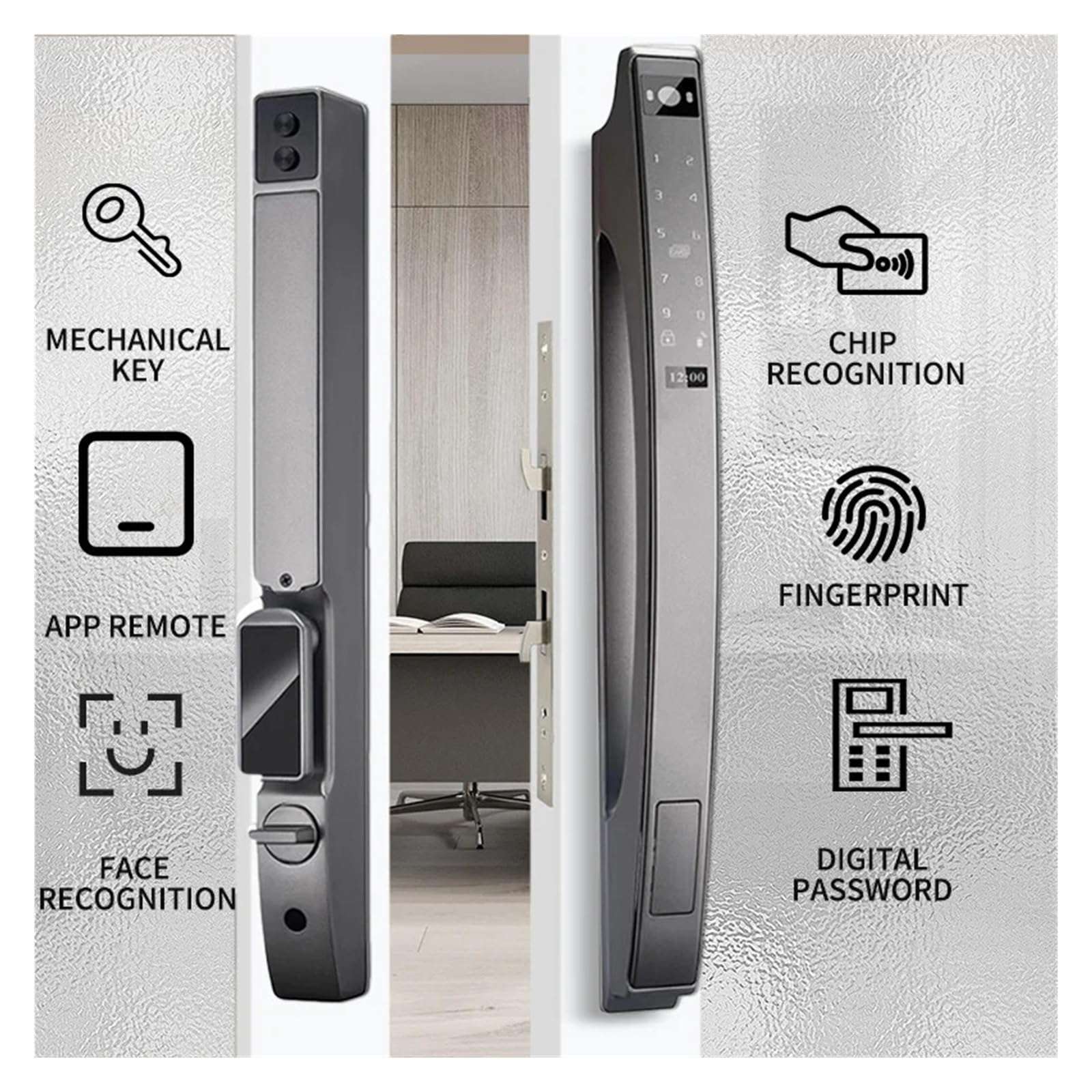 KIEEQGAK Tuya WiFi Smart Door Lock，Electronic Lock，3D Face Unlock Password Key IC Card Fingerprint Unlock，Sliding Door Lock(240x4585,Gray) 3