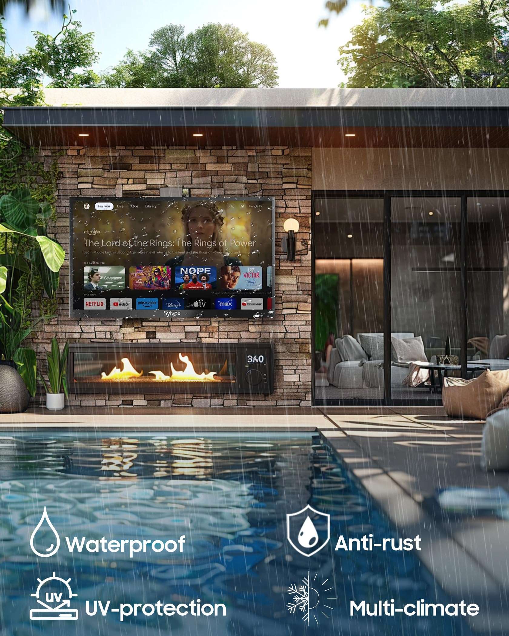 SYLVOX Outdoor TV with TV Soundbar, 55 inch 2000 Nit High Brightness Smart Outdoor TV, 4K Sunlight Readable Display, IP55 Waterproof, Smart TV for Outdoor Households or Commercial Places 6