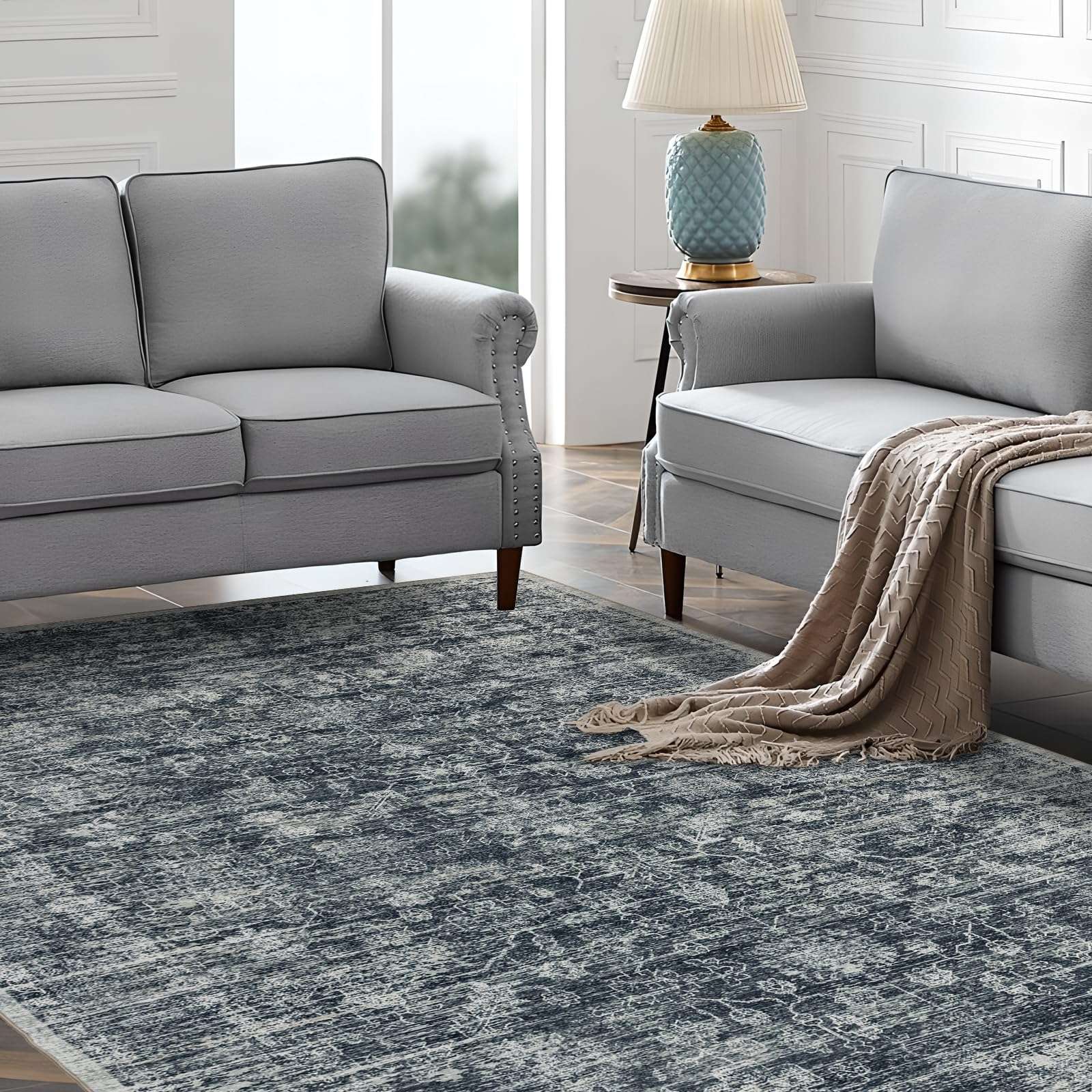 nusoarug 2x7 Boho Runner Rug Machine Washable, Soft Non Slip Area Rugs 2' x 7' Carpet with Rubber Backing for Bedroom Kitchen Entryway Living Room Bathroom, Light Grey & White 4