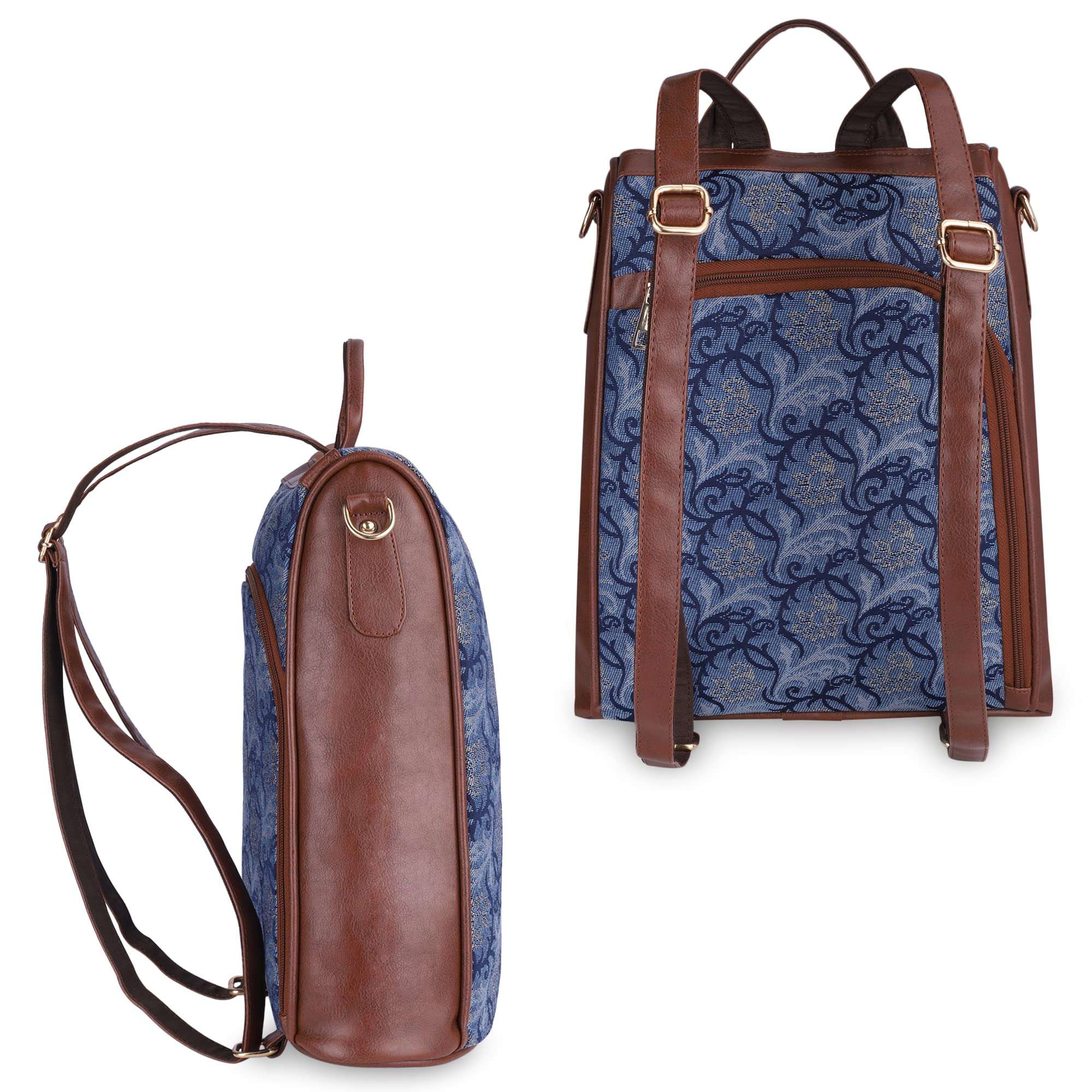 THE CLOWNFISH Akaya Collection Tapestry Fabric & Faux Leather Anti-Theft Back Open Style Womens Standard Backpack Travel Standard Backpack For College Going Girls (Blue-Floral), 10.5 Litre 5