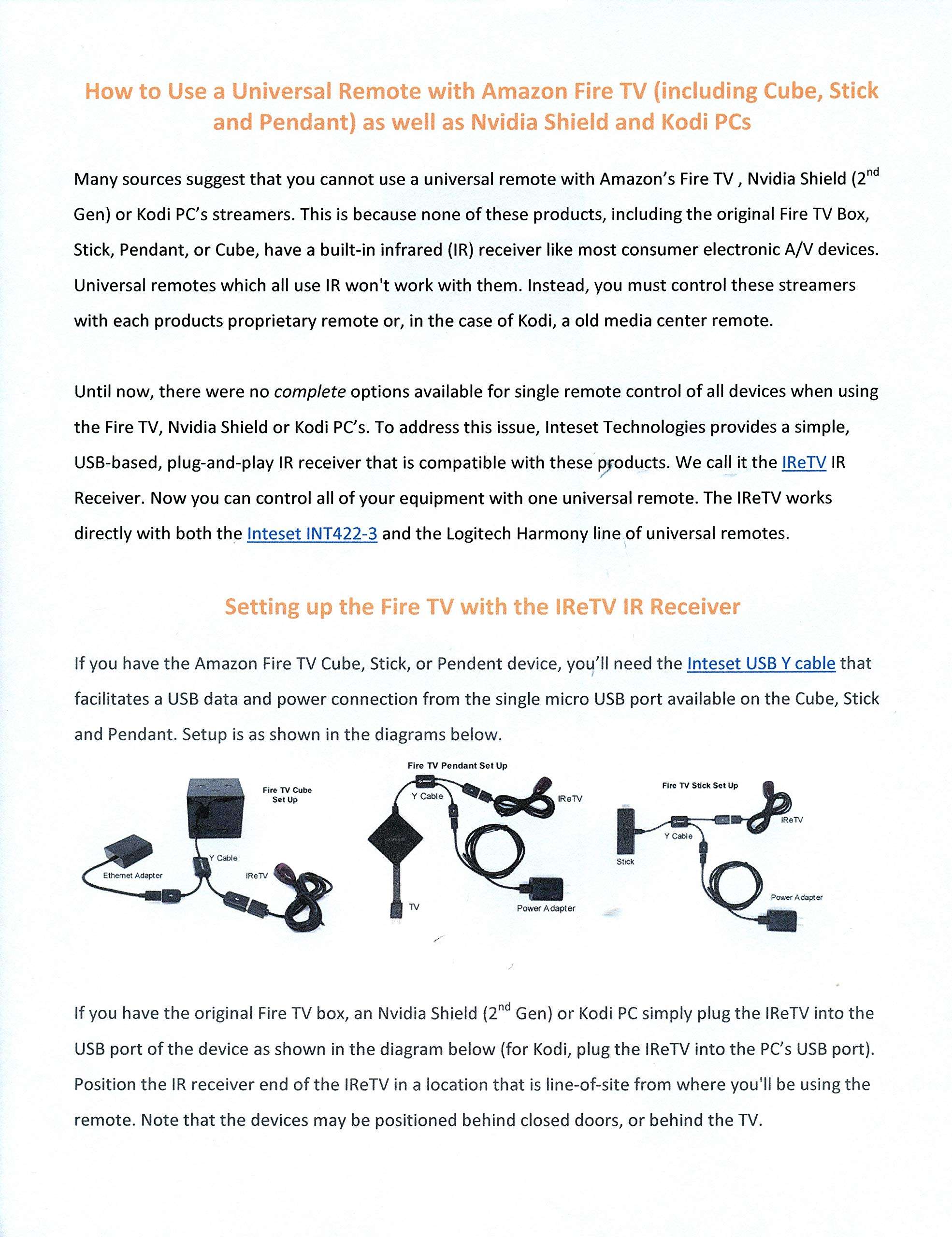Inteset IReTV USB IR Receiver for use with Nvidia Shield (2nd Gen & 2019 Pro), F-TV, Kodi, PCs, Raspberry Pi & Other Streamers with The INT422 & Harmony Remotes (Remote not Included) 2