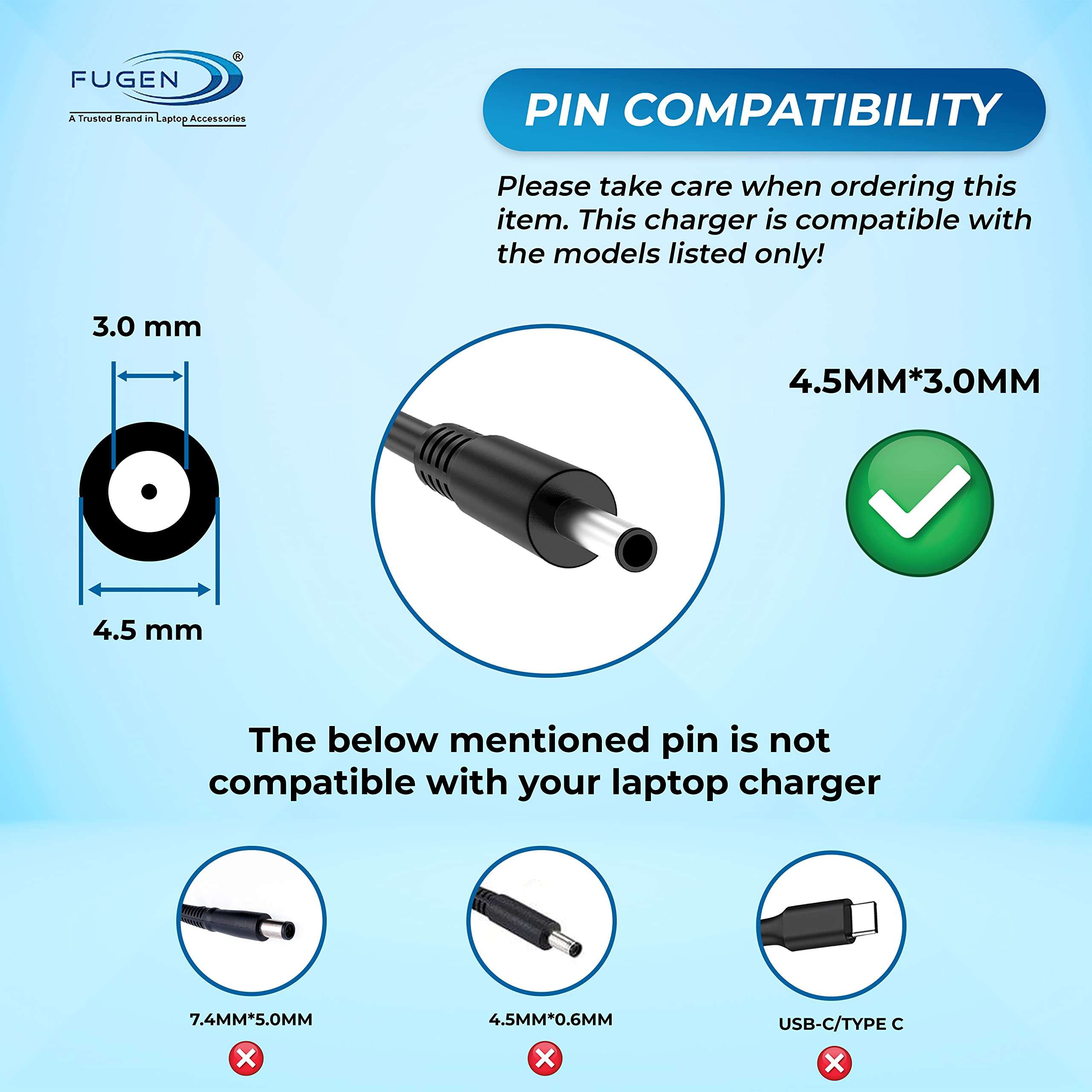 Fugen Laptop Charger Adapter 65w 19.5v 3.34a Pin Size 4.5 * 3.0mm Compatible for de-ll Inspiron AIO Desktops: 3064 AIO 3263 AIO 3265 AIO 3464 AIO 3050 3060 AIO 3460 4