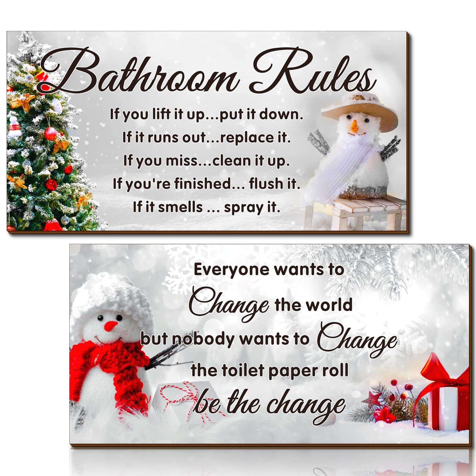 Rustic Wood Christmas Bathroom Decor: 2 Pcs Wall Art Snowman Rules Funny Hanging Accessories