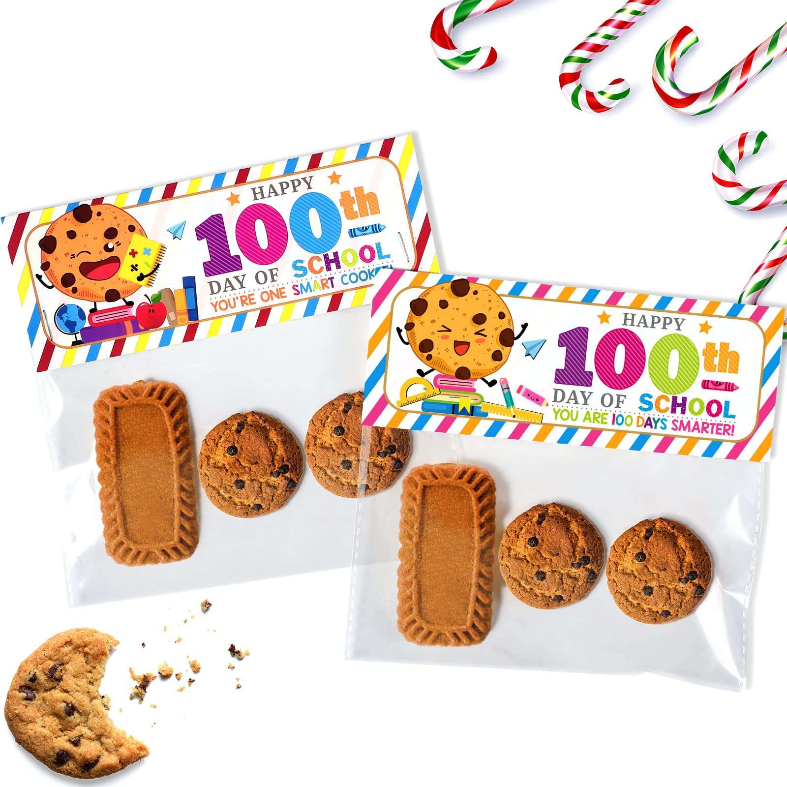 46 Set Happy 100th Days of School Treat Bag Toppers and Cards Set Self-adhesive Goodies Baking Wrapping Bags for Student Happy 100th Days of School Party Supplies(School) 1