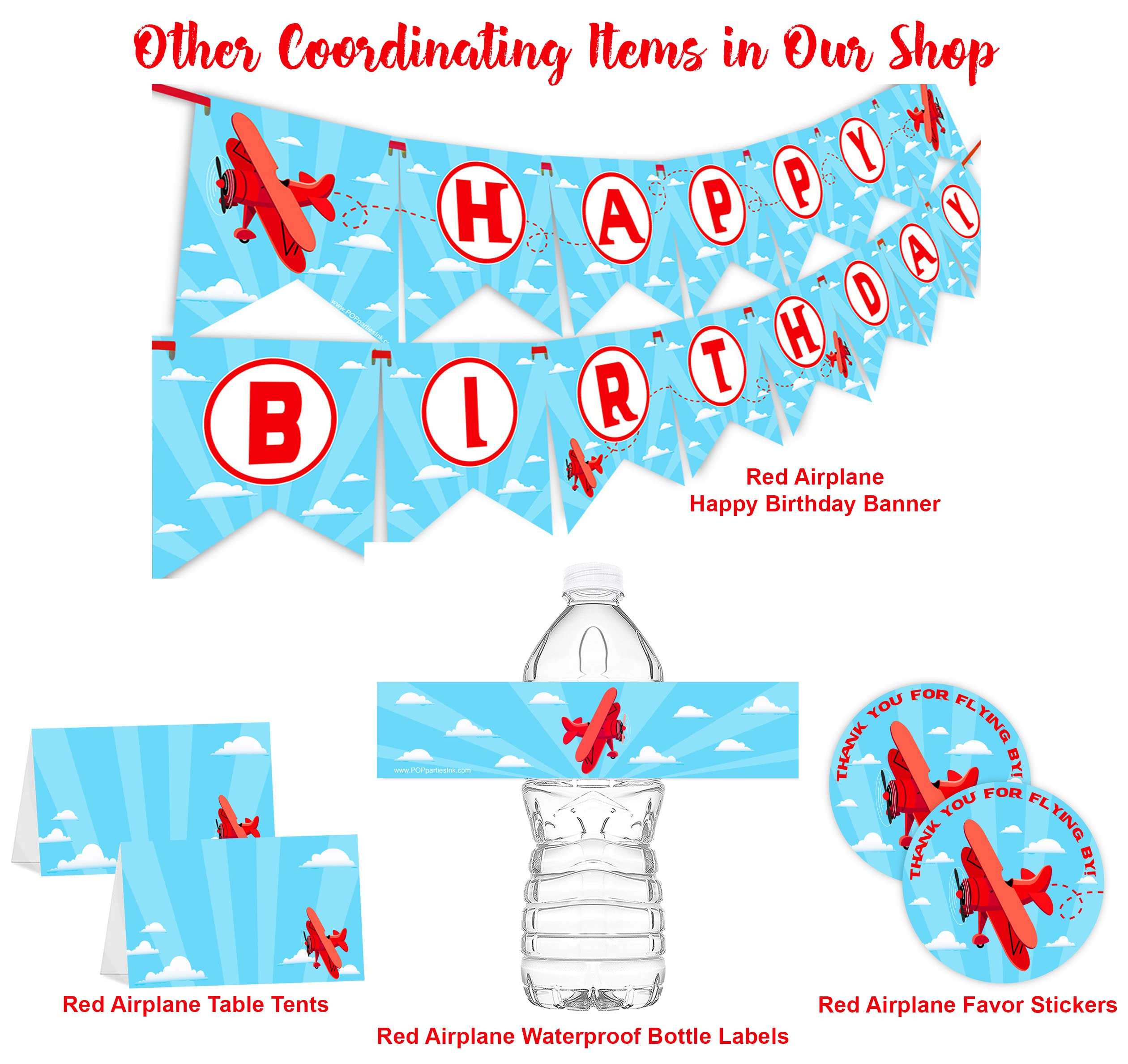 POP parties Red Airplane - 12 Table Tents - Airplane Buffet Cards - Airplane Place Cards - Up Up and Away Decorations - Airplane Decorations - Red Airplane Party Supplies 2