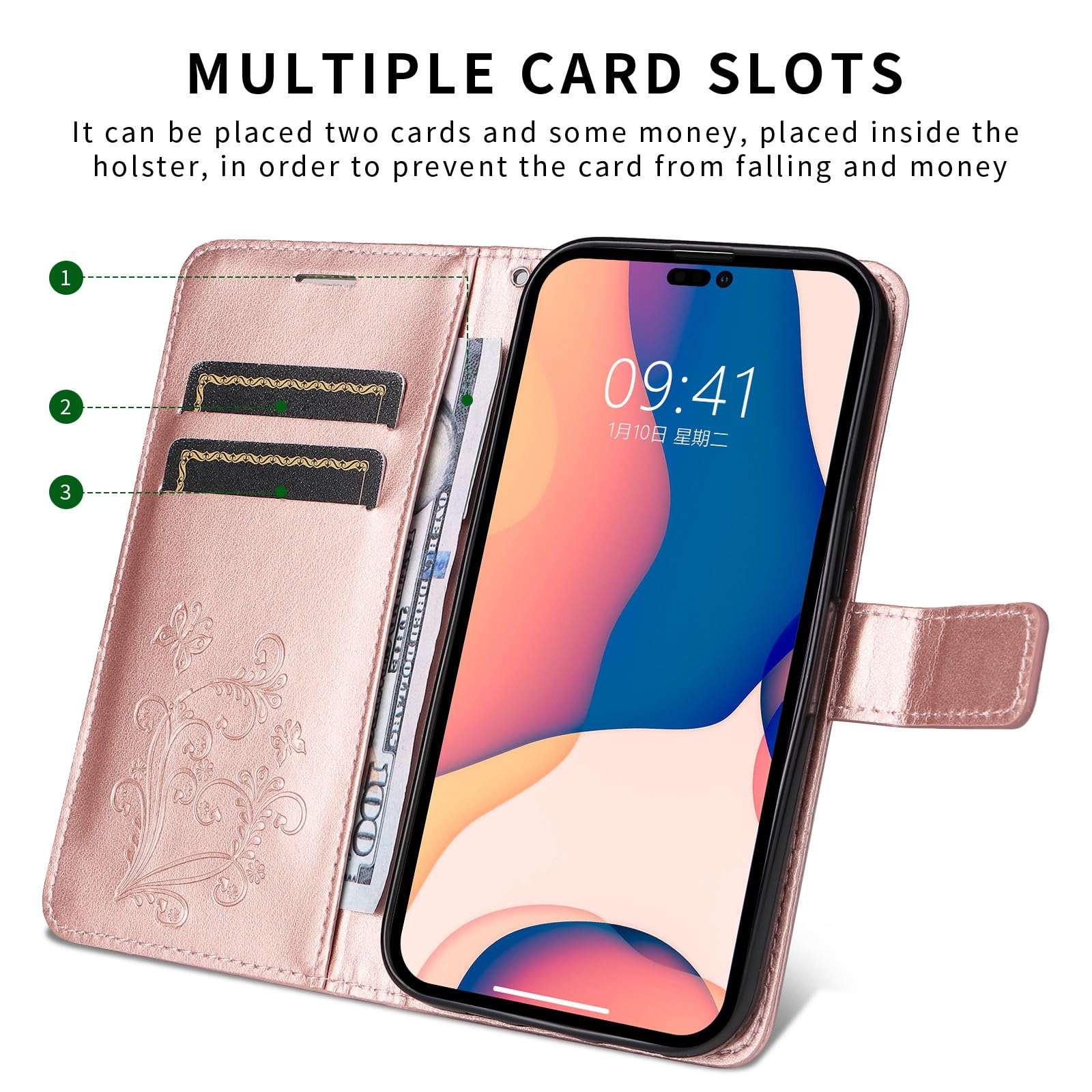 XYX Wallet Case Compatible with LG K40/LG K12 Plus/LG X4 2019, Embossed Butterfly PU Leather Case Flip Protective Phone Cover with Card Slots and Kickstand, Rose Gold 3