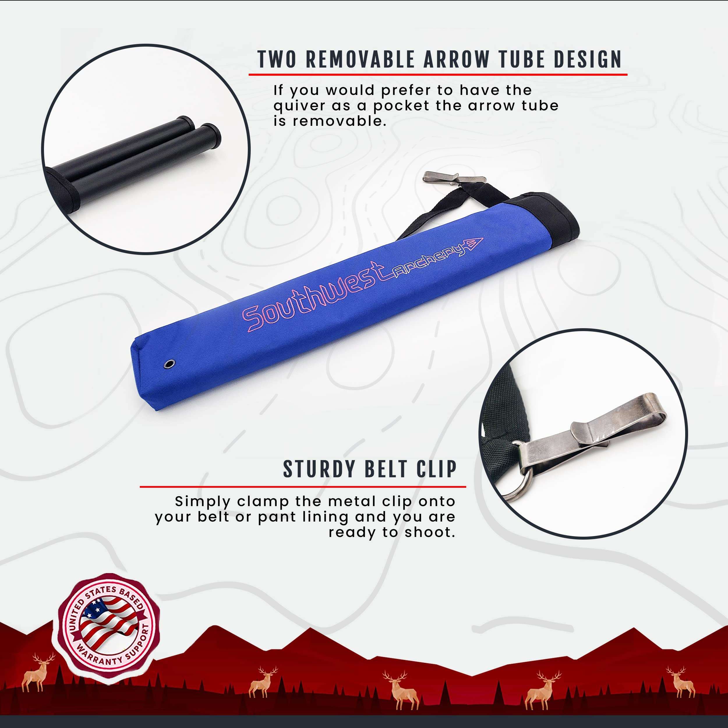 Southwest Archery Universal Hip Quiver - Two Removable 18 inch Arrow Tubes - Clips on to Your Belt – Right and Left Handed - Blue 5