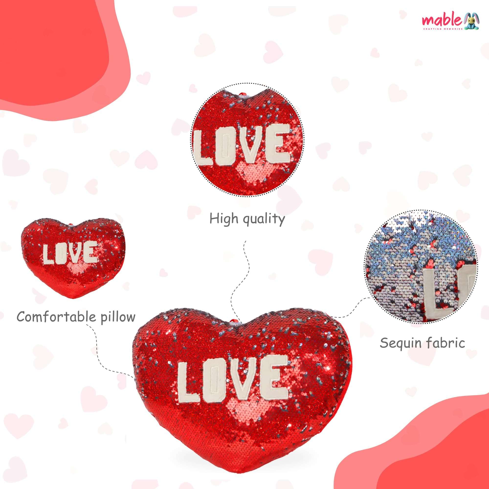 MABLE Reversible Sequin Heart Shape Cushion (45 Cm) Stuffed with Love, Soft Plush Cushions for Girls/Boys, Lightweight Velvety Touch for Comforting Hugs, Gift for Girlfriend/Boyfriend 4