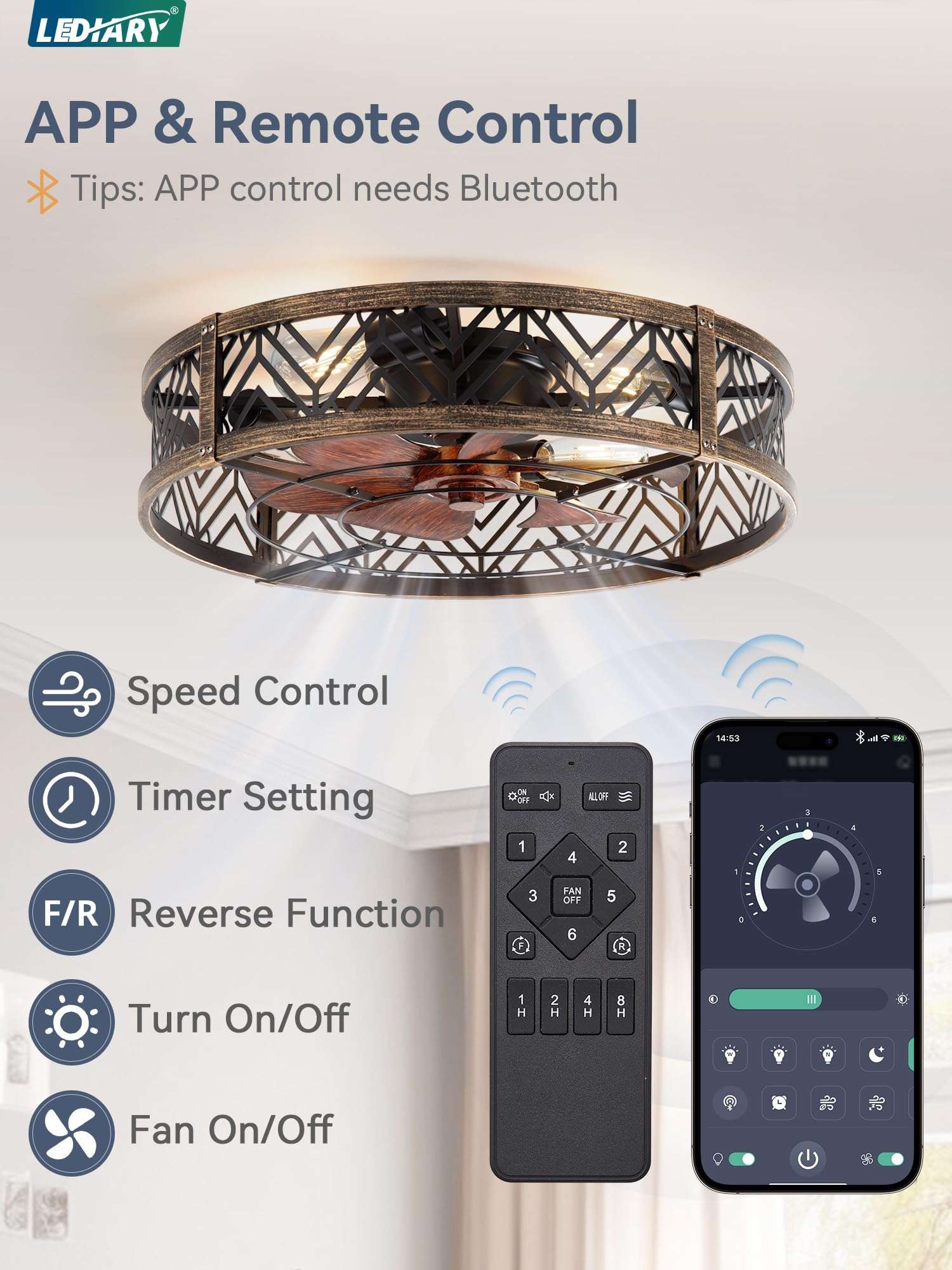 LEDIARY 23" Caged Ceiling Fan with Light, Large Flush Mount, App&Remote Control, Low Profile Bladeless Fan Light Fixture 6 Speed, Reversible and Quiet Motor-Black Gold 6