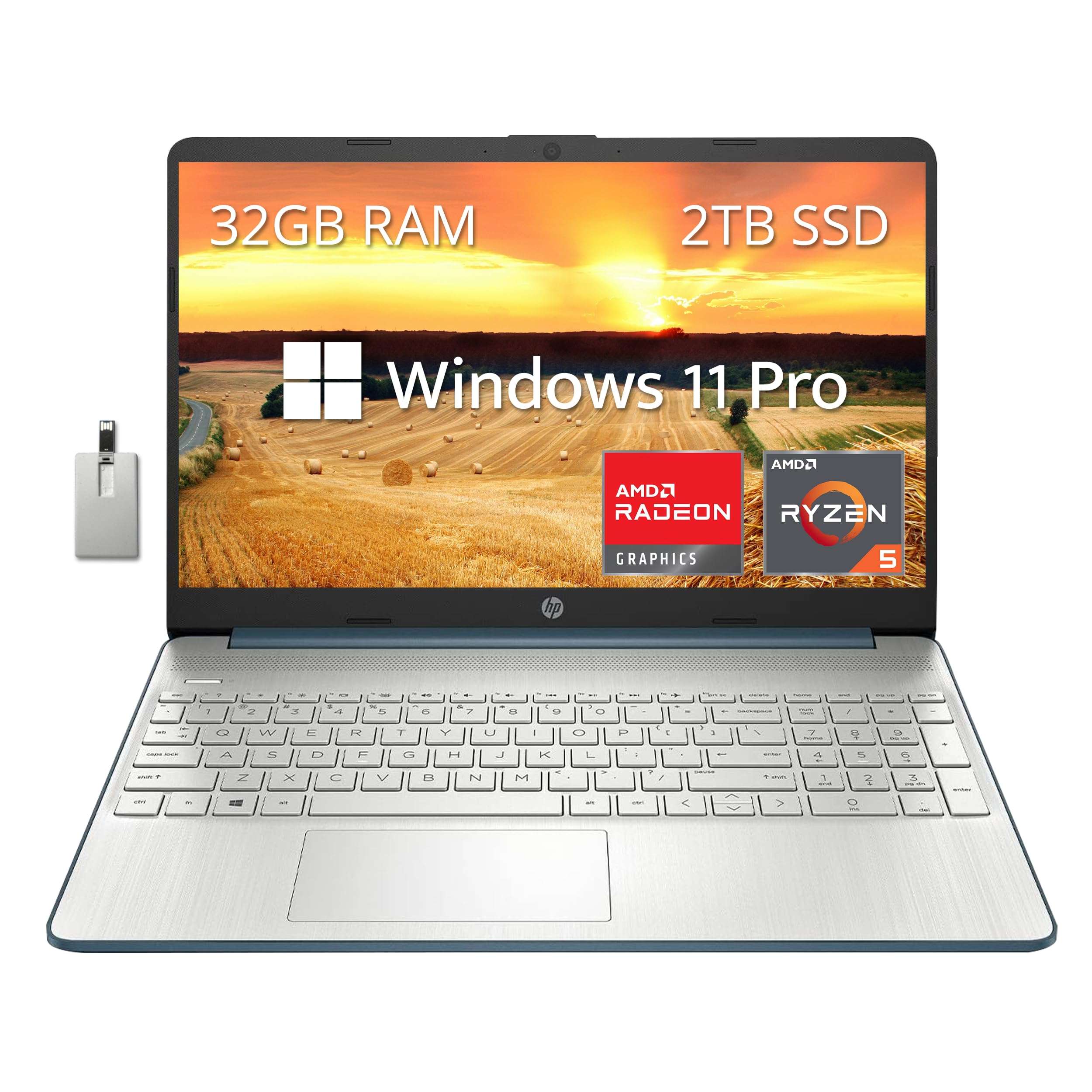 HP 15.6" FHD Laptop, AMD Ryzen 5-5500U Processor, AMD Radeon Graphics, 32GB RAM, 2TB PCIe SSD, HD Webcam, Bluetooth, Wi-fi, Win 11, Blue, 32GB Hotface USB Card 1