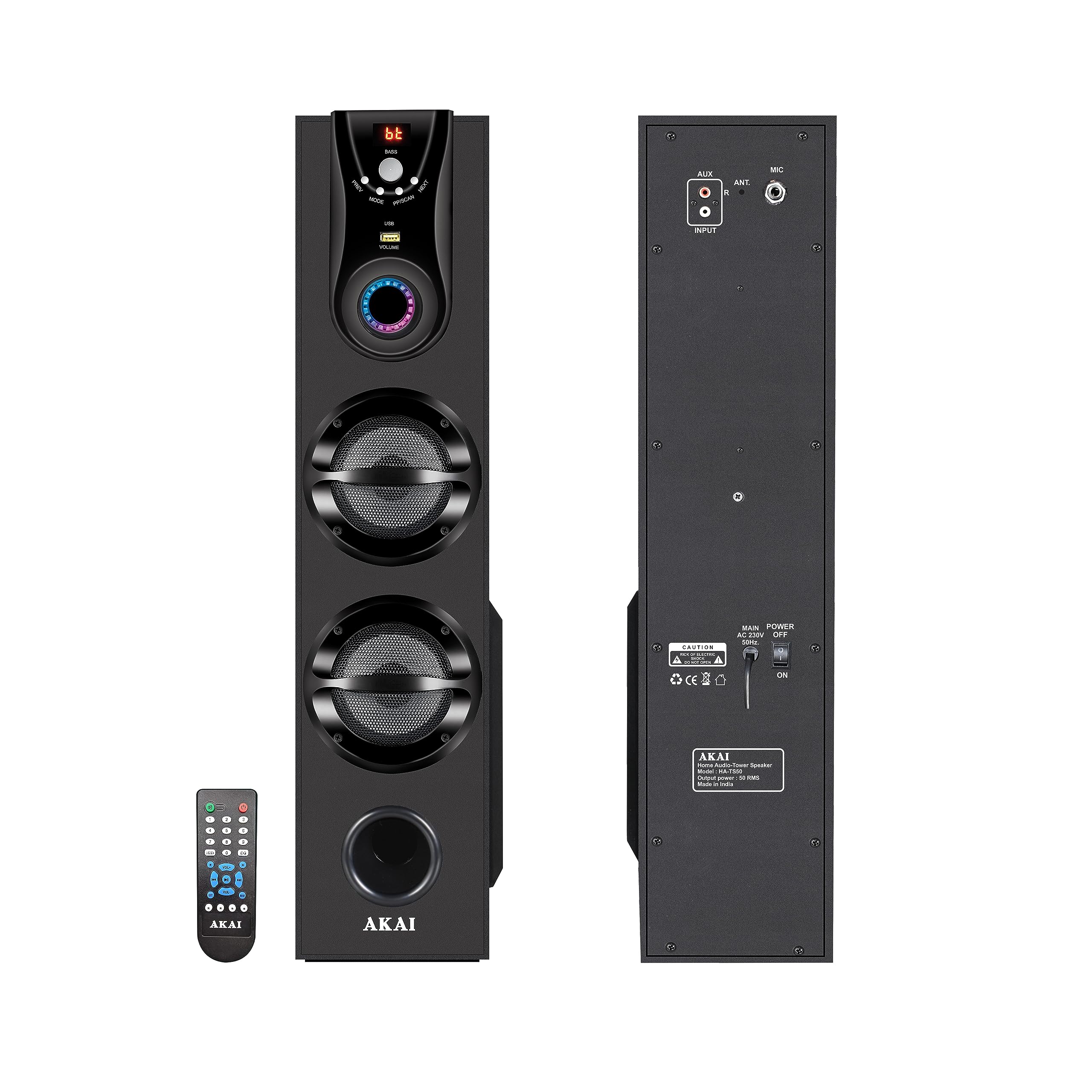 AKAI Bluetooth Tower Speaker Music System for Home TS 50 - Wooden Cabinet Subwoofer Echo Sound - 50W Home Theater - Remote Controlled Display - Support FM, Karaoke,AUX, USB