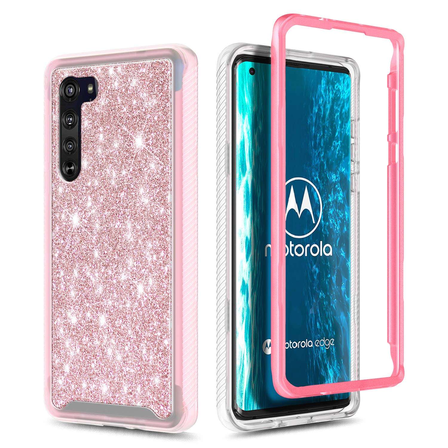 E-Began Motorola Moto Edge 5G Case, [Not Fit Motorola Edge+ Plus], Full-Body Shockproof Protective Bumper Cover, Support Wireless Charging, Impact Resist Durable Phone Case (Glitter Bling Rose Gold) 5